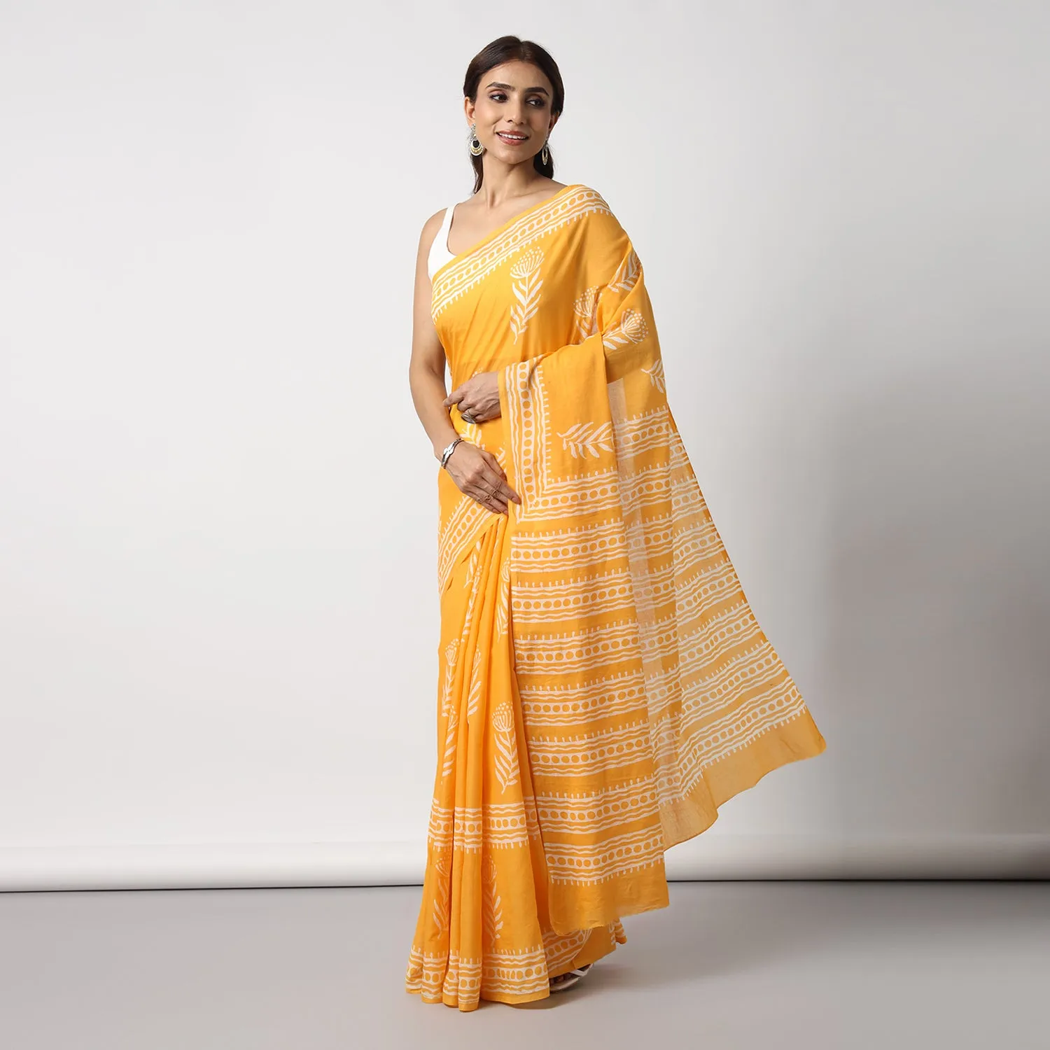 Sunshine Swirl - Yellow Haldi Hand Block Print Mulmul Cotton Bagru Saree