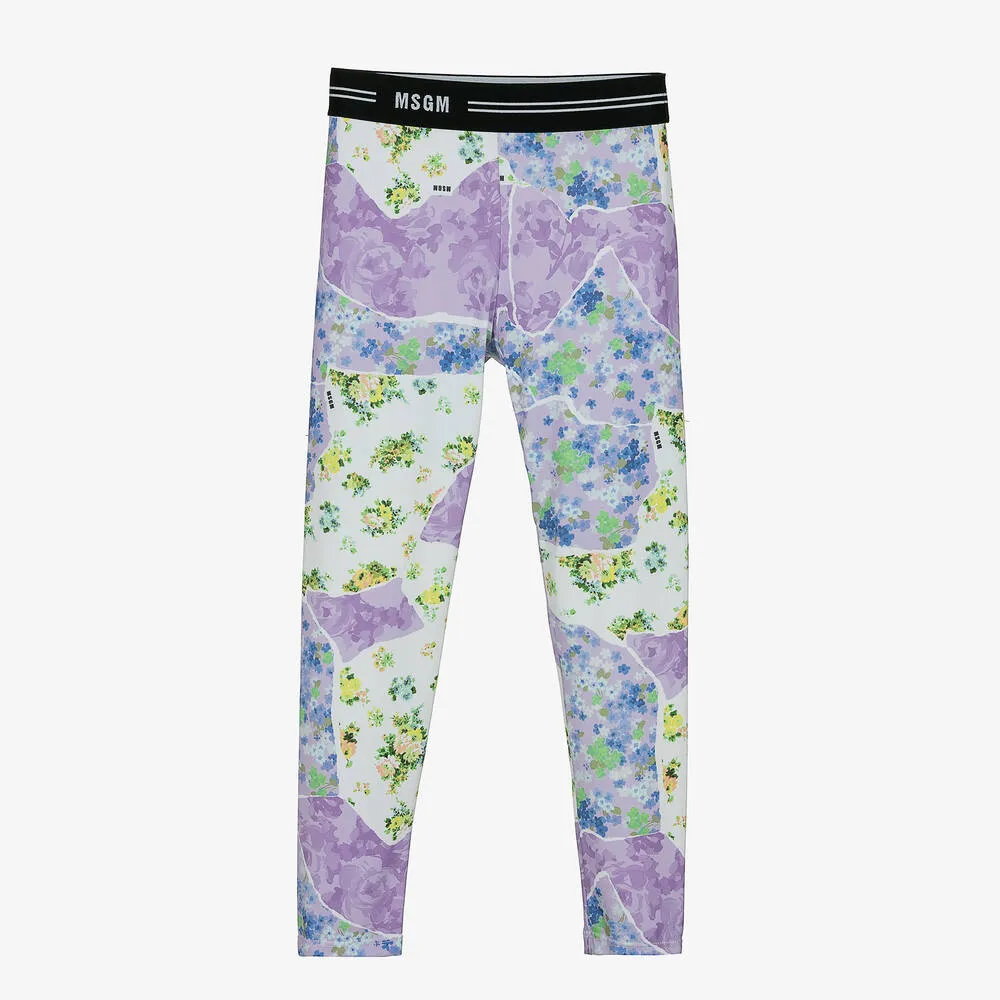 Teen Girls Purple Floral Logo Leggings