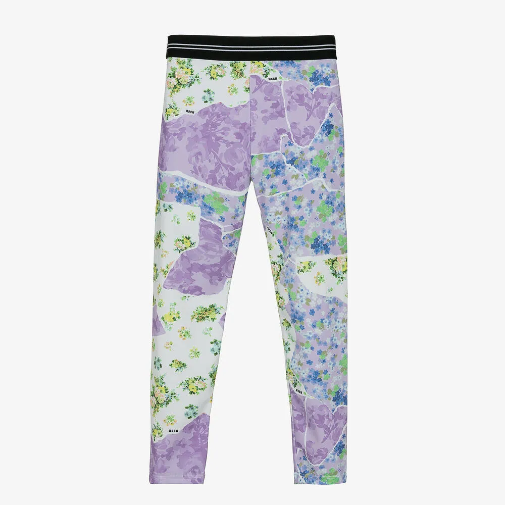 Teen Girls Purple Floral Logo Leggings