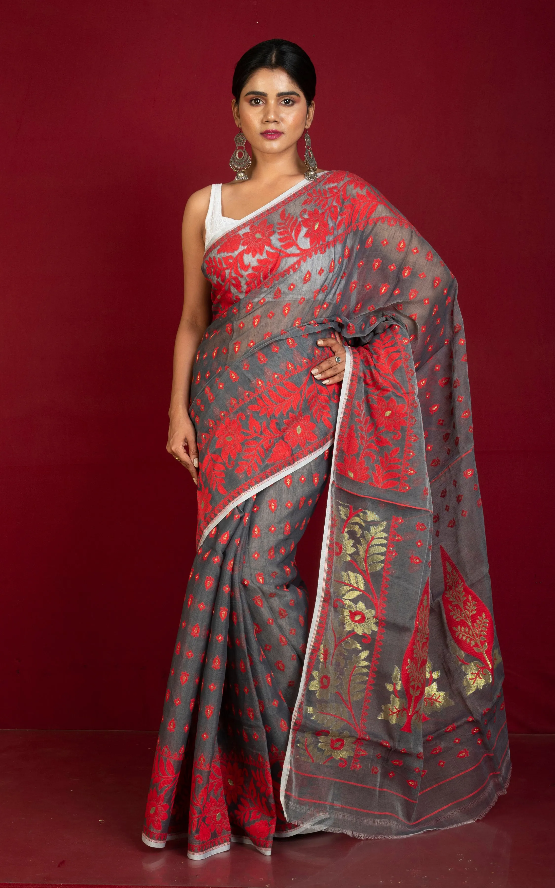 Traditional Soft Jamdani Saree in Charcoal Grey, Red and Gold