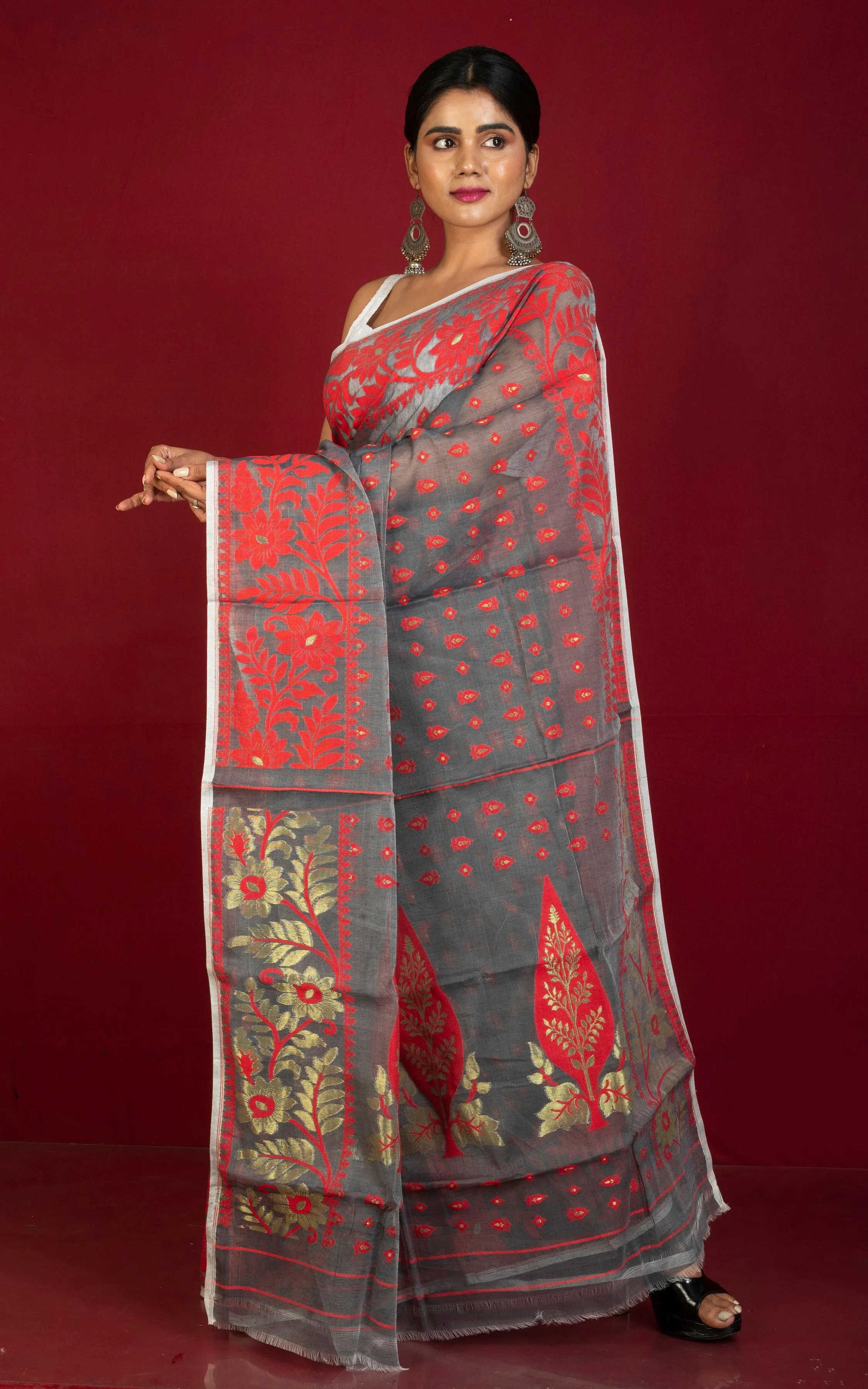 Traditional Soft Jamdani Saree in Charcoal Grey, Red and Gold