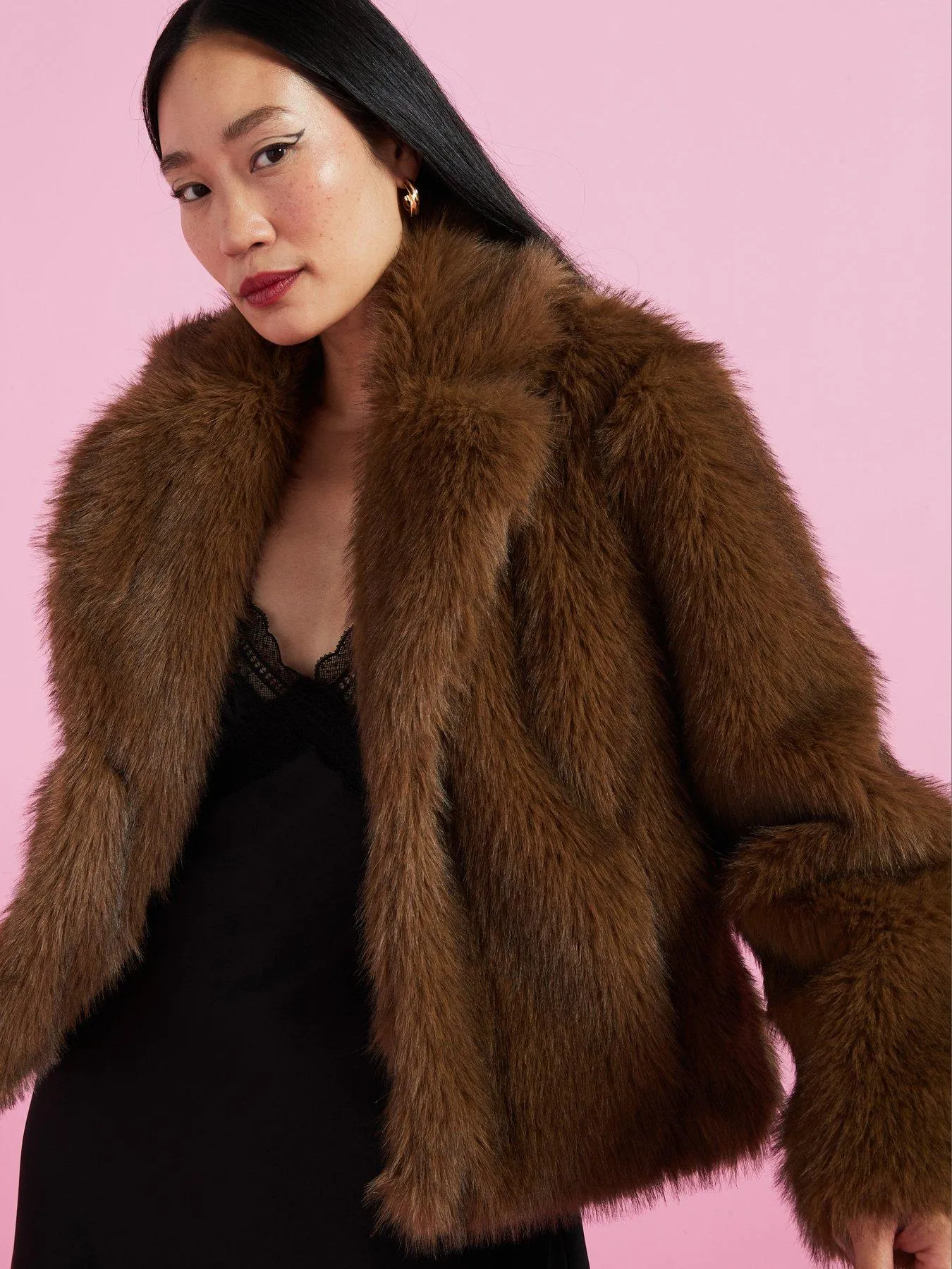 V by Very Faux Fur Jacket - Brown