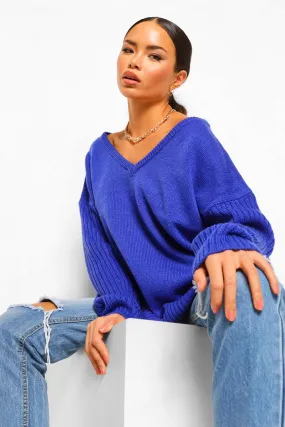 V Neck Off Shoulder Ribbed Sweater