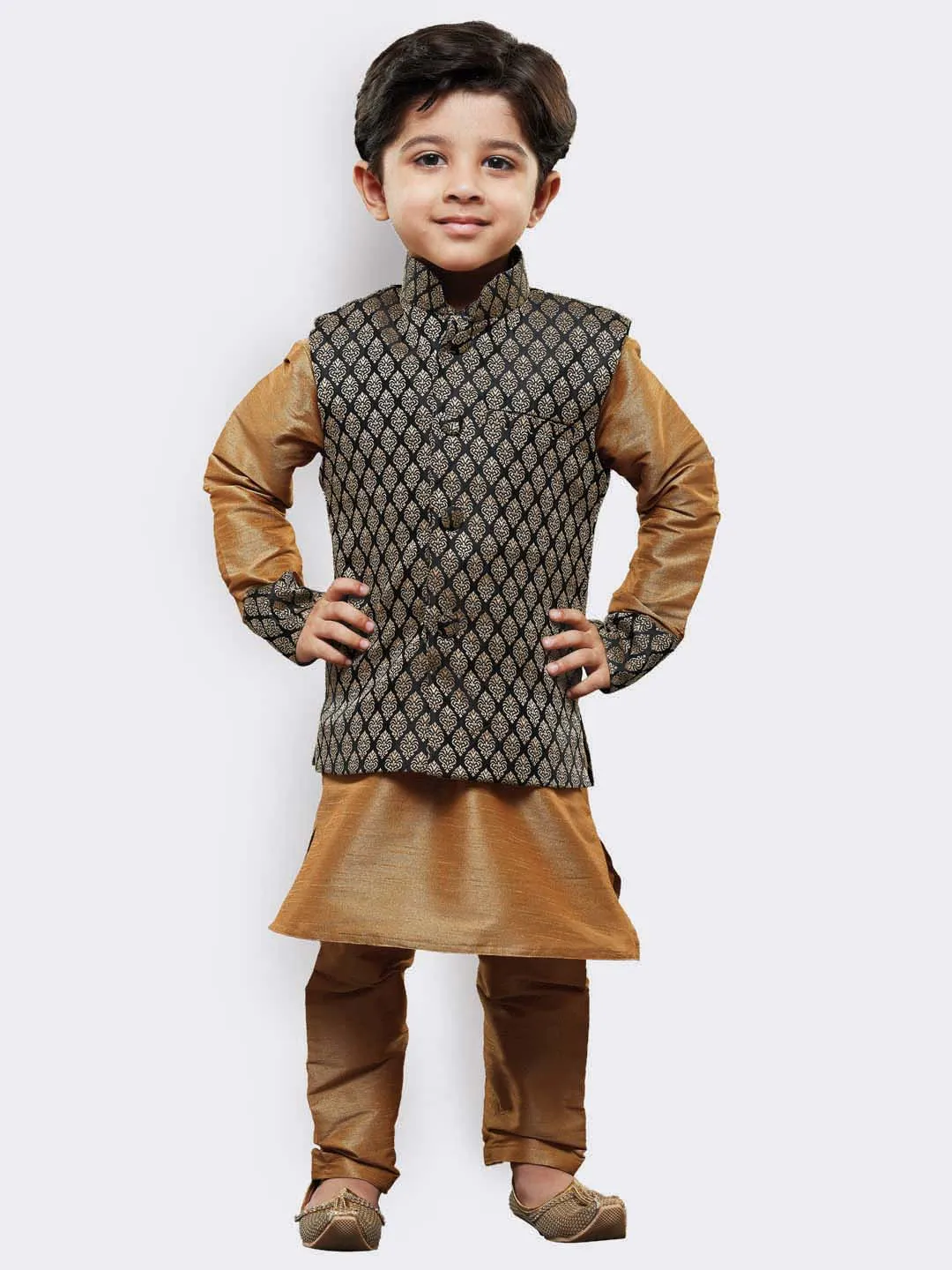 VASTRAMAY Boys' Gold Cotton Silk Kurta, Waistcoat and Pyjama Set