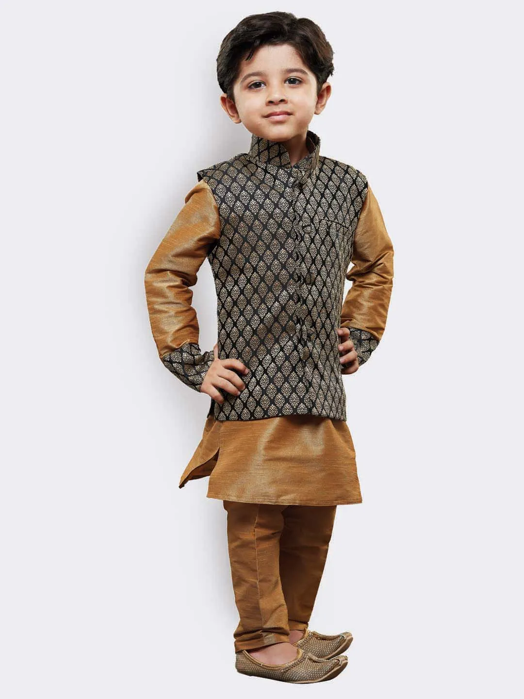 VASTRAMAY Boys' Gold Cotton Silk Kurta, Waistcoat and Pyjama Set