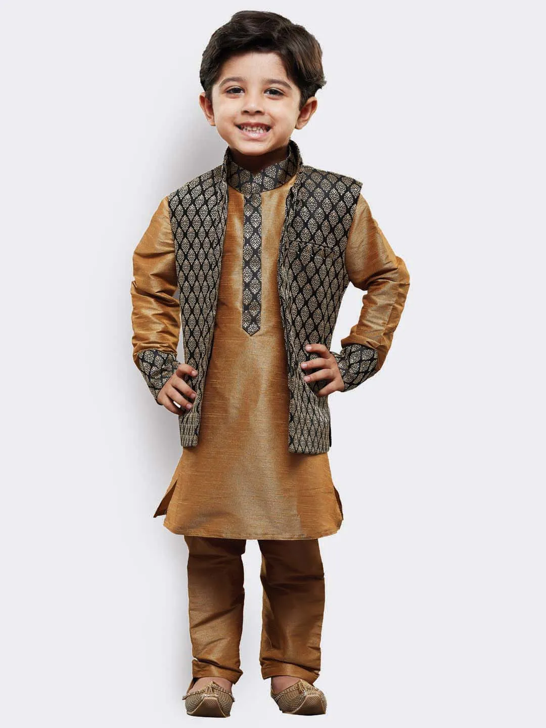 VASTRAMAY Boys' Gold Cotton Silk Kurta, Waistcoat and Pyjama Set