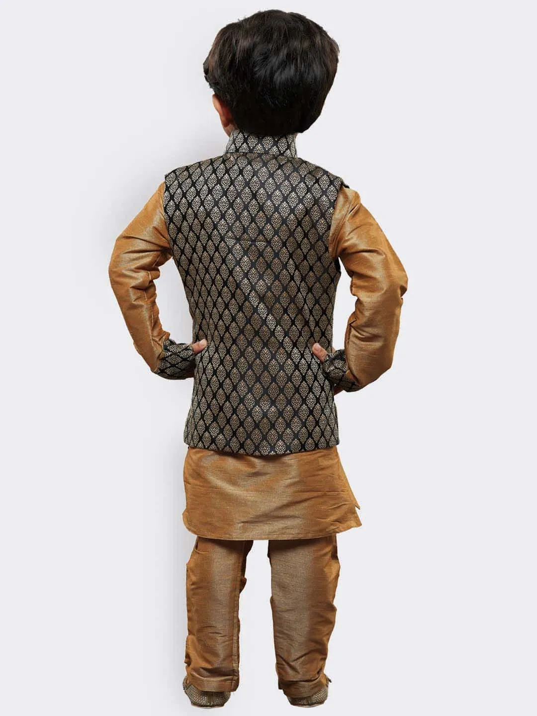 VASTRAMAY Boys' Gold Cotton Silk Kurta, Waistcoat and Pyjama Set