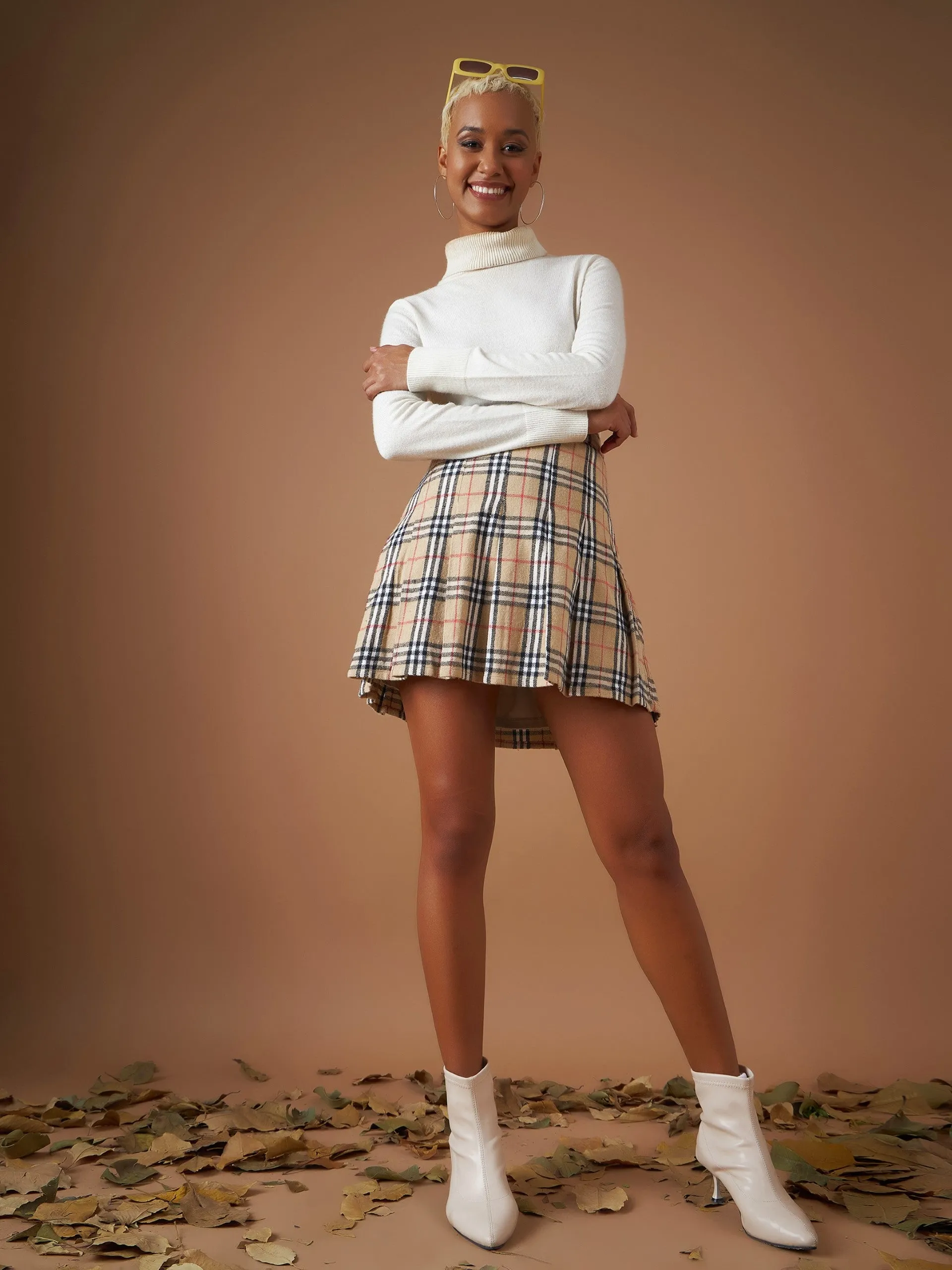 Women Beige Flannel Check Pleated Mini Skirt