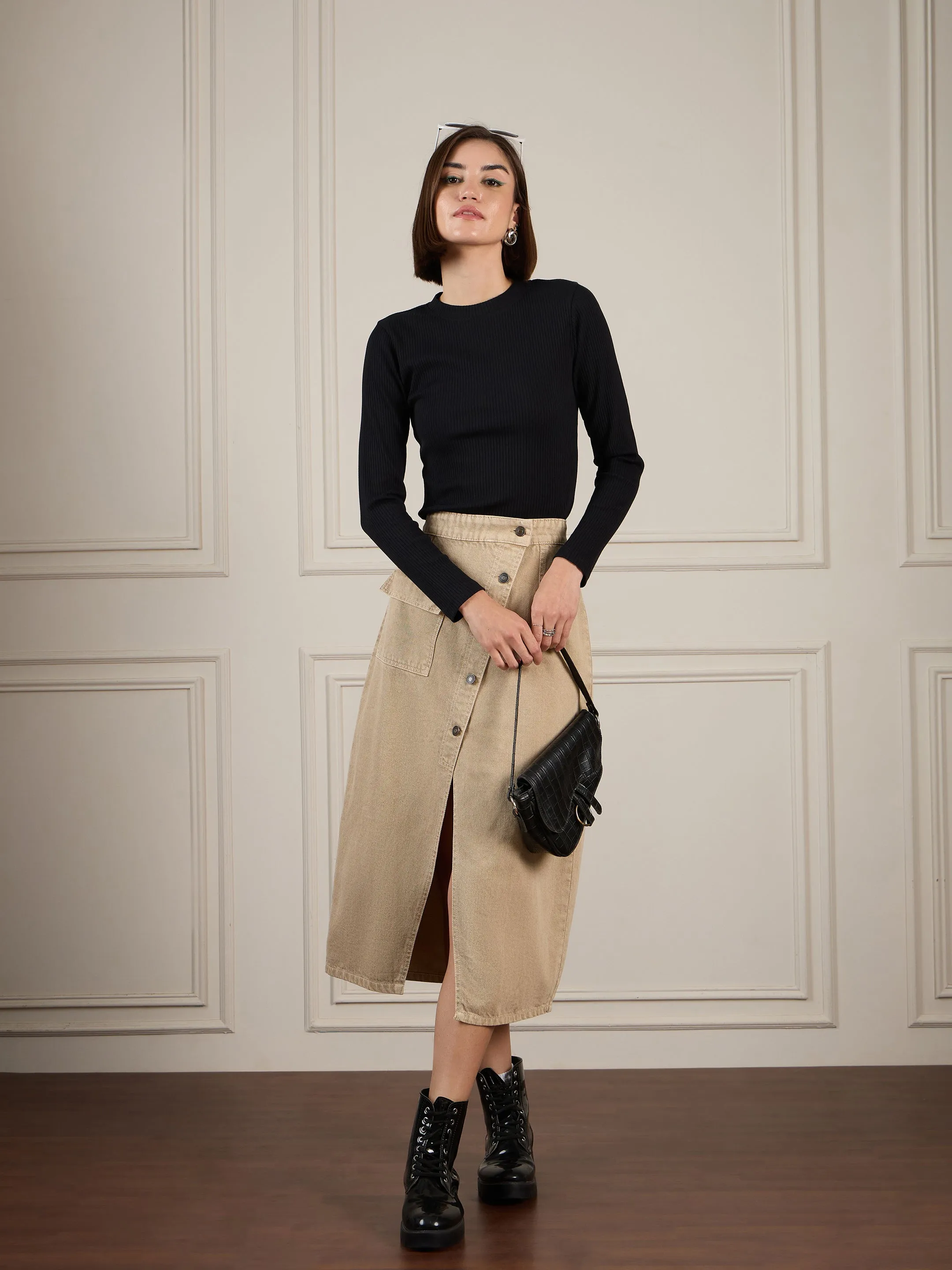 Women Beige Front Button Wrap Skirt