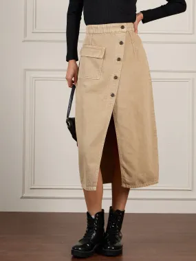 Women Beige Front Button Wrap Skirt