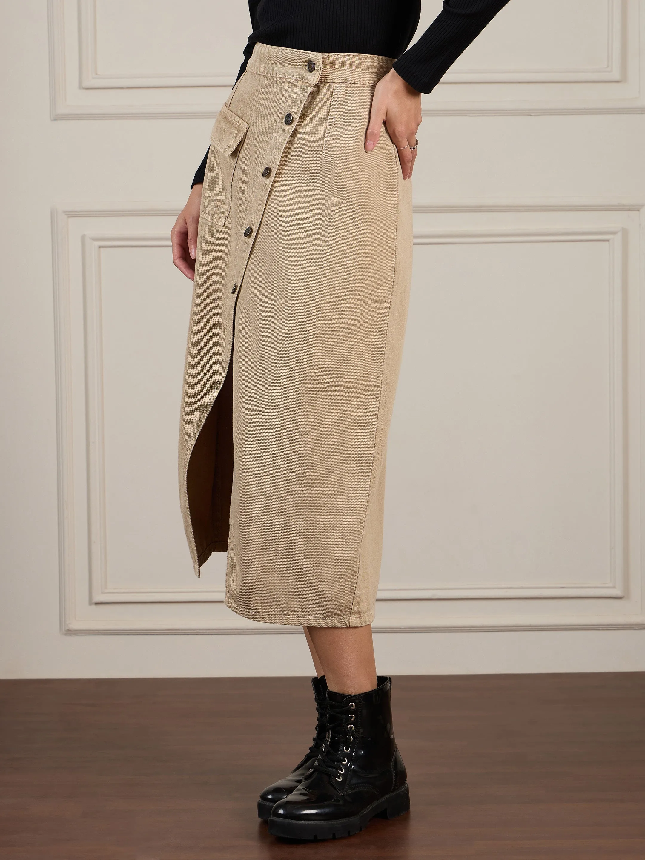 Women Beige Front Button Wrap Skirt