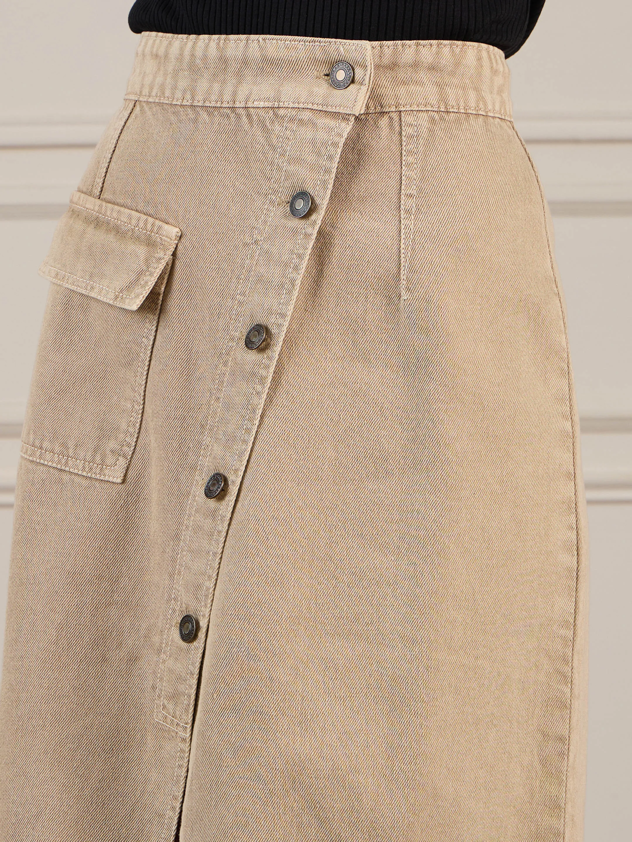 Women Beige Front Button Wrap Skirt