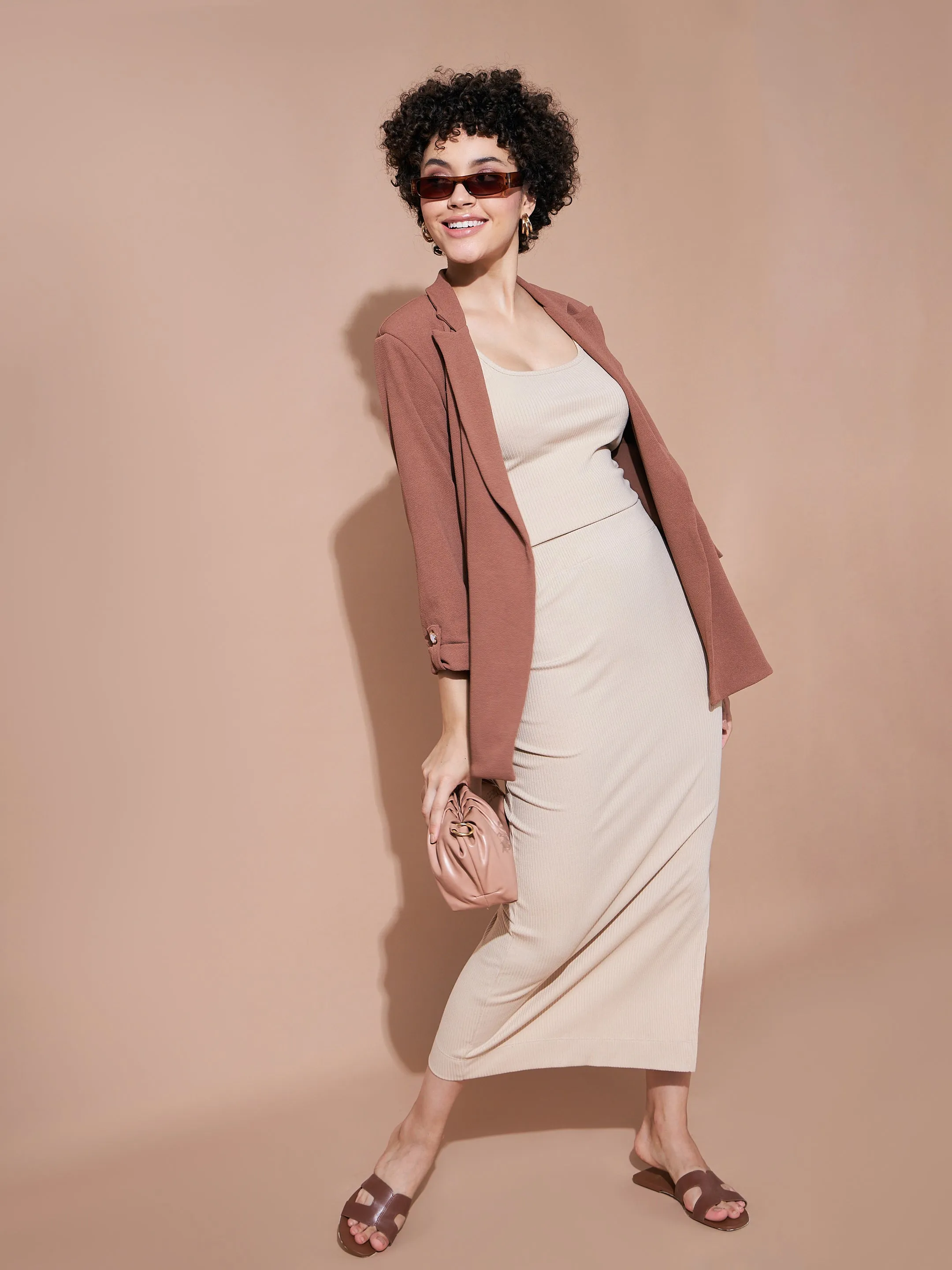 Women Beige Rib Pencil Skirt