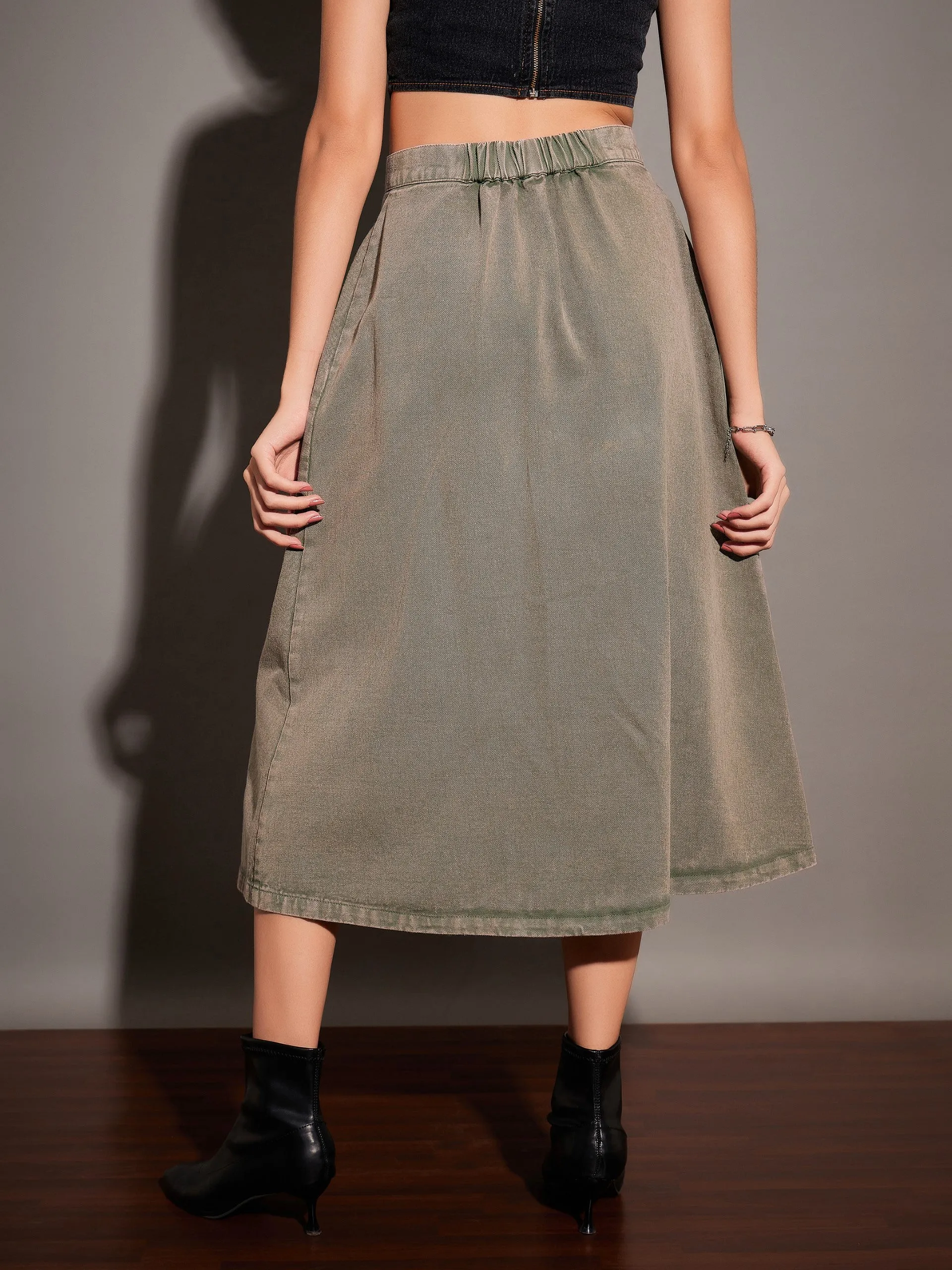 Women Beige Washed Denim A-Line Skirt