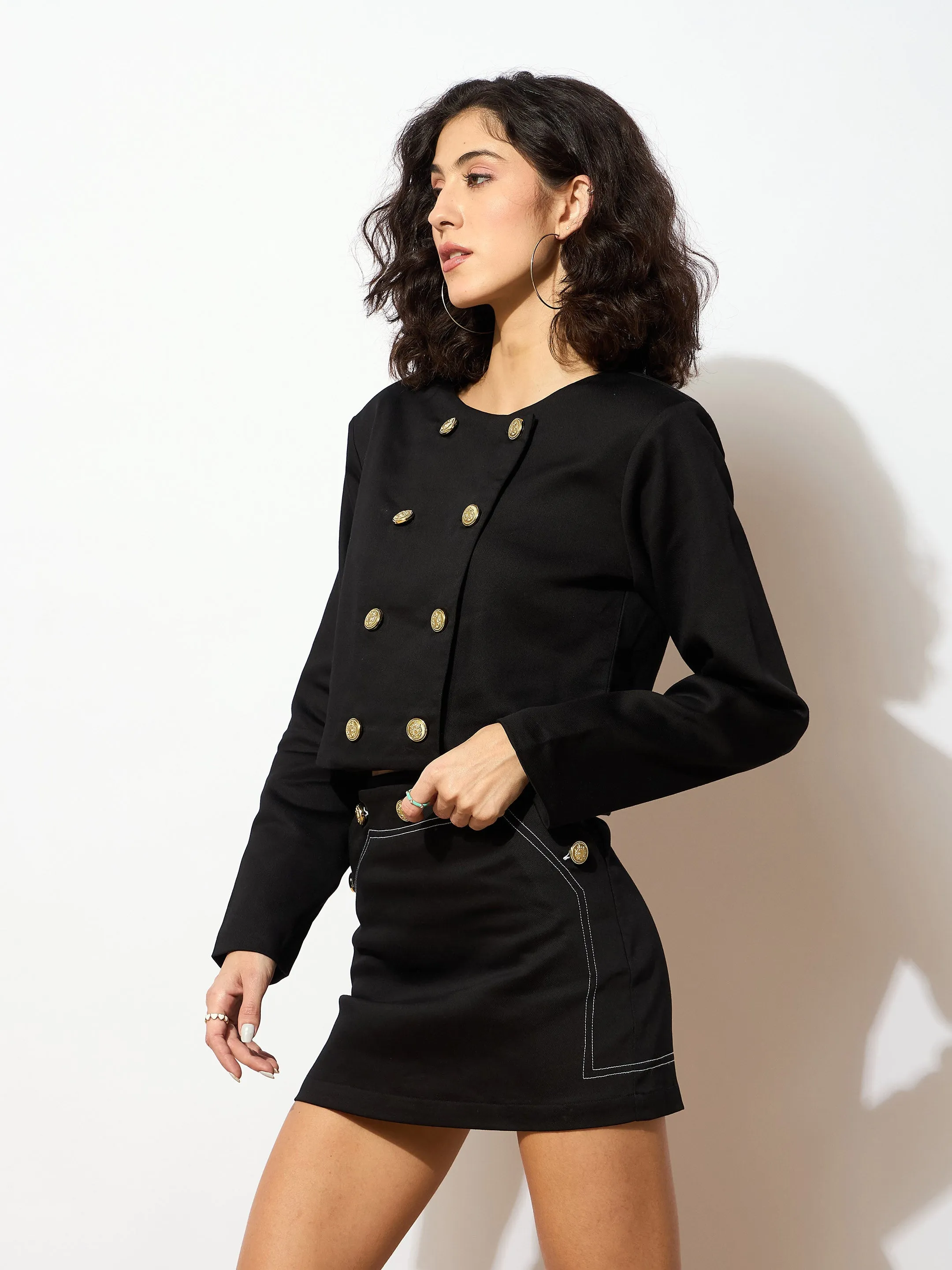 Women Black Contrast Stitch Short Skirt