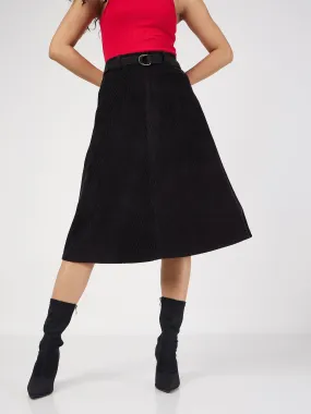 Women Black Corduroy A-Line Midi Skirt