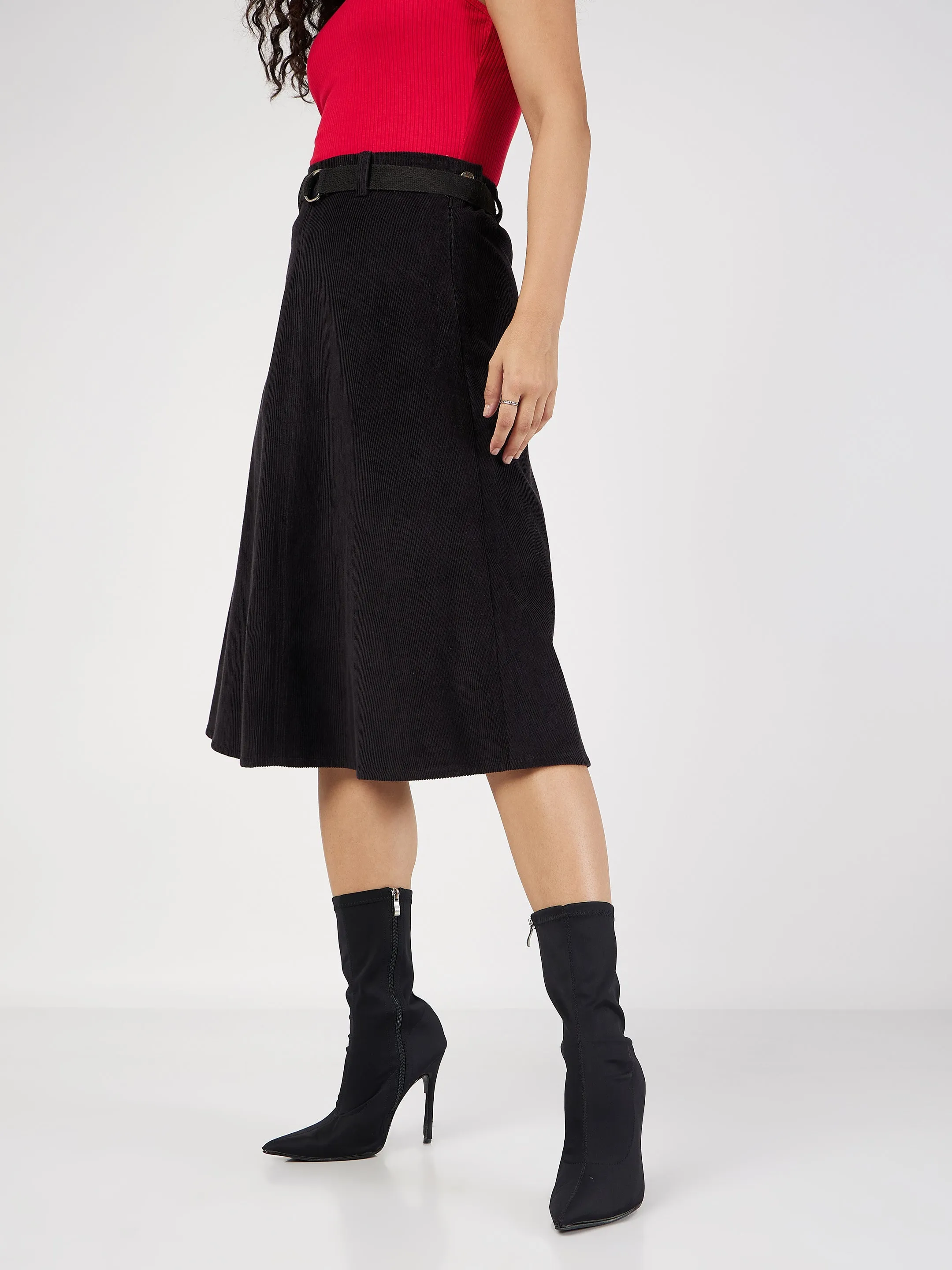 Women Black Corduroy A-Line Midi Skirt