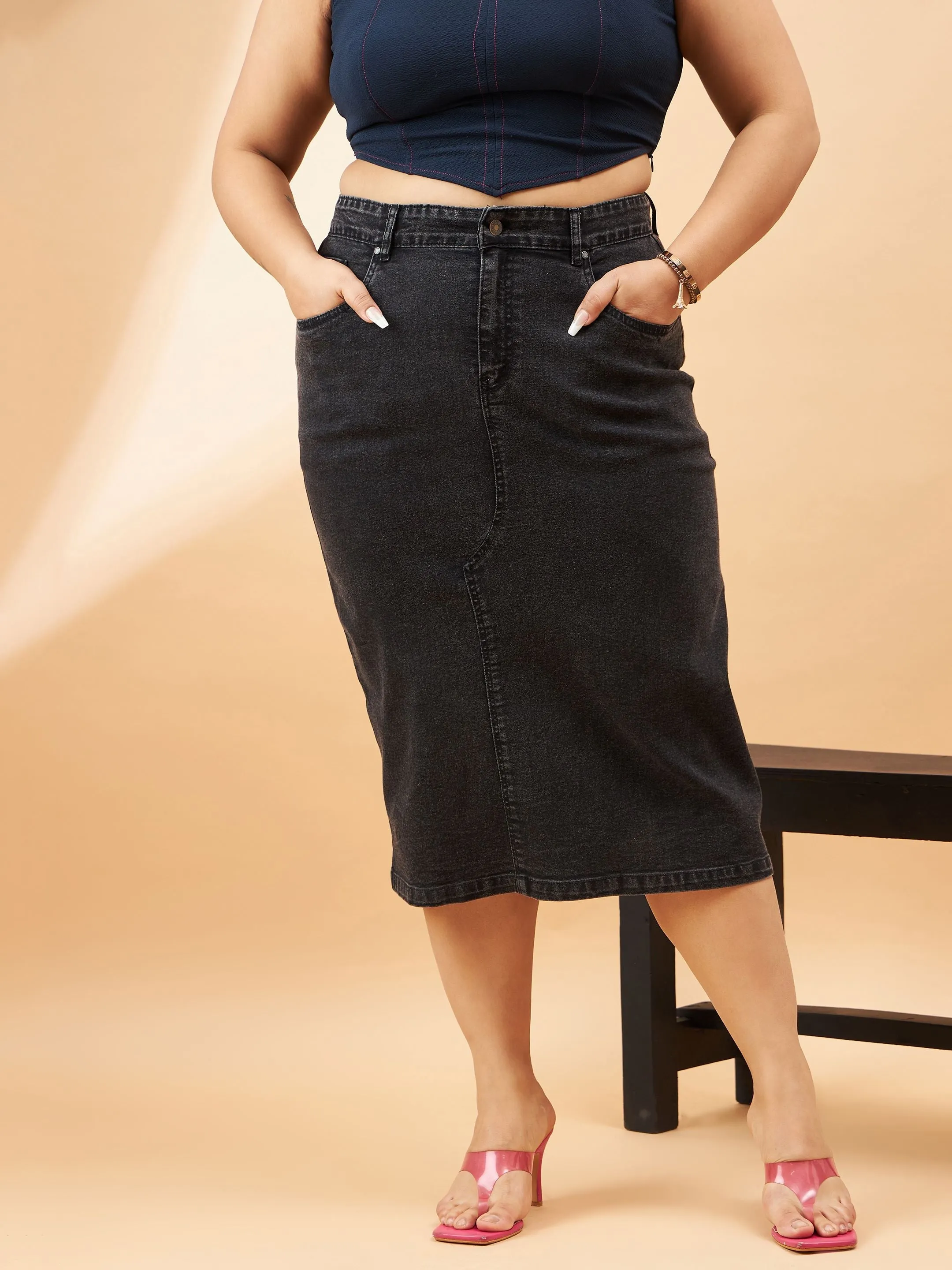 Women Black Denim Acid Wash A-Line Skirt