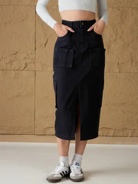 Women Black Denim Box Pocket Midi Skirt