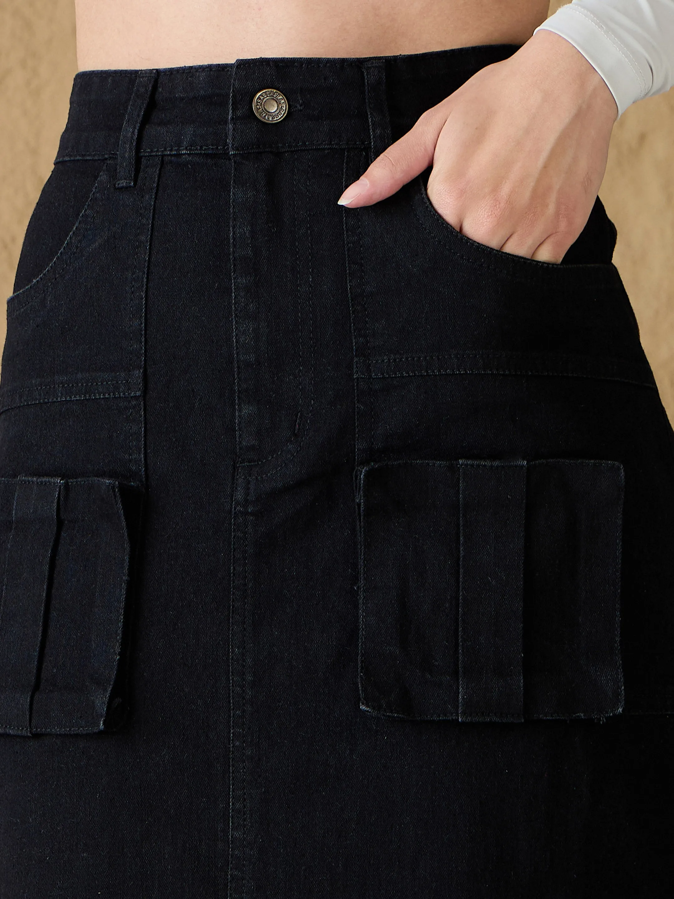 Women Black Denim Box Pocket Midi Skirt