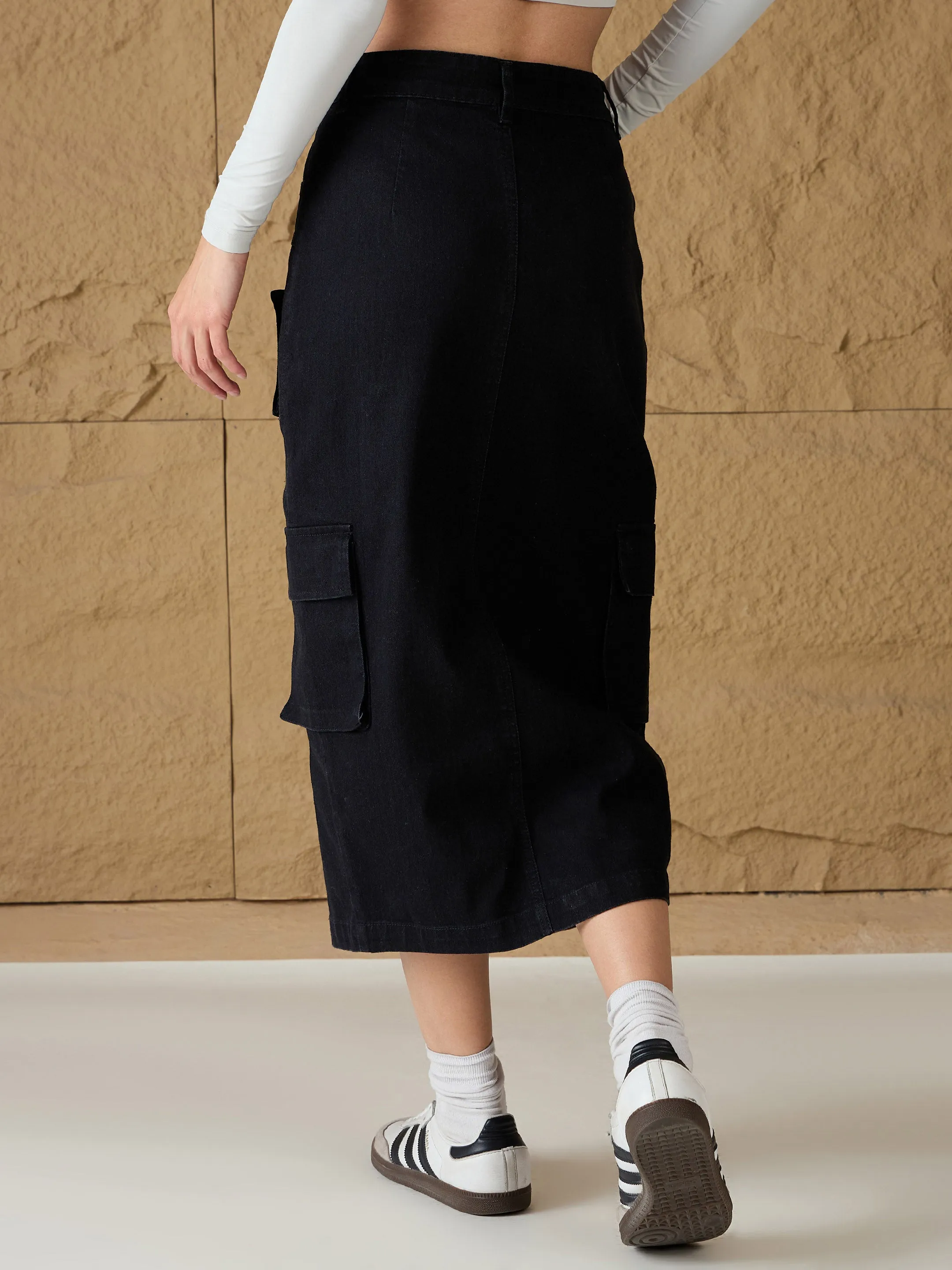 Women Black Denim Box Pocket Midi Skirt