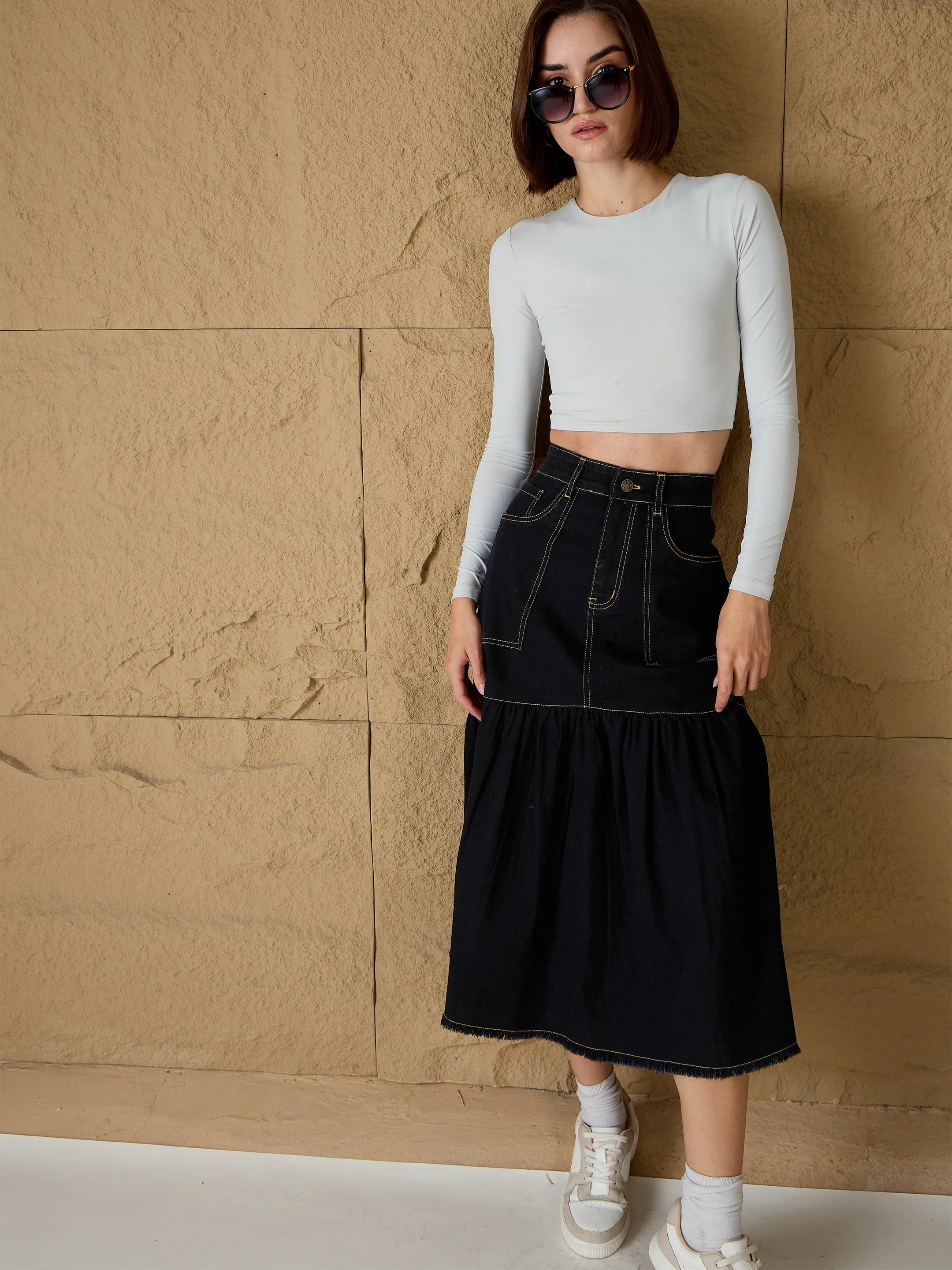 Women Black Denim Flared Midi Skirt