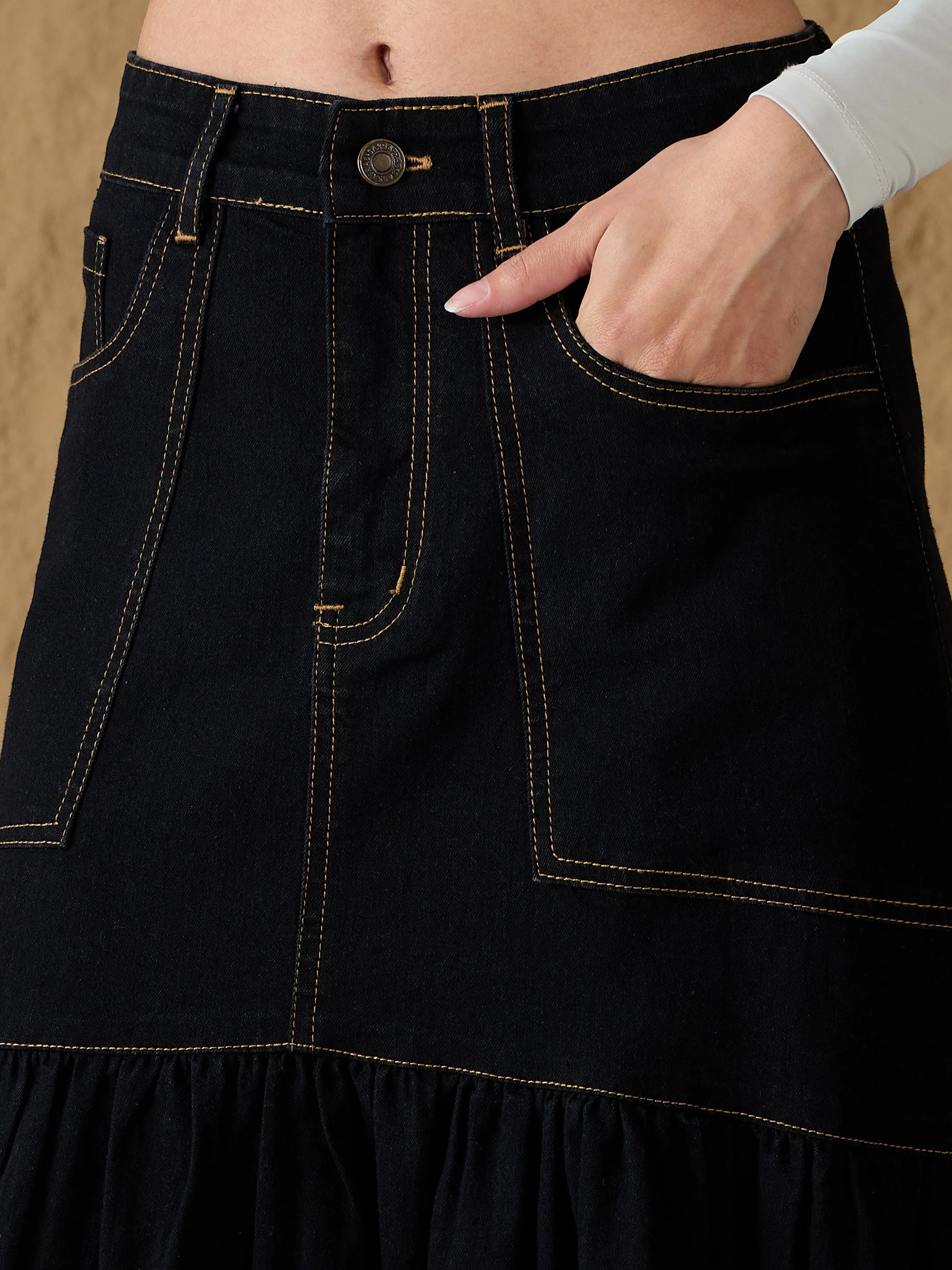 Women Black Denim Flared Midi Skirt