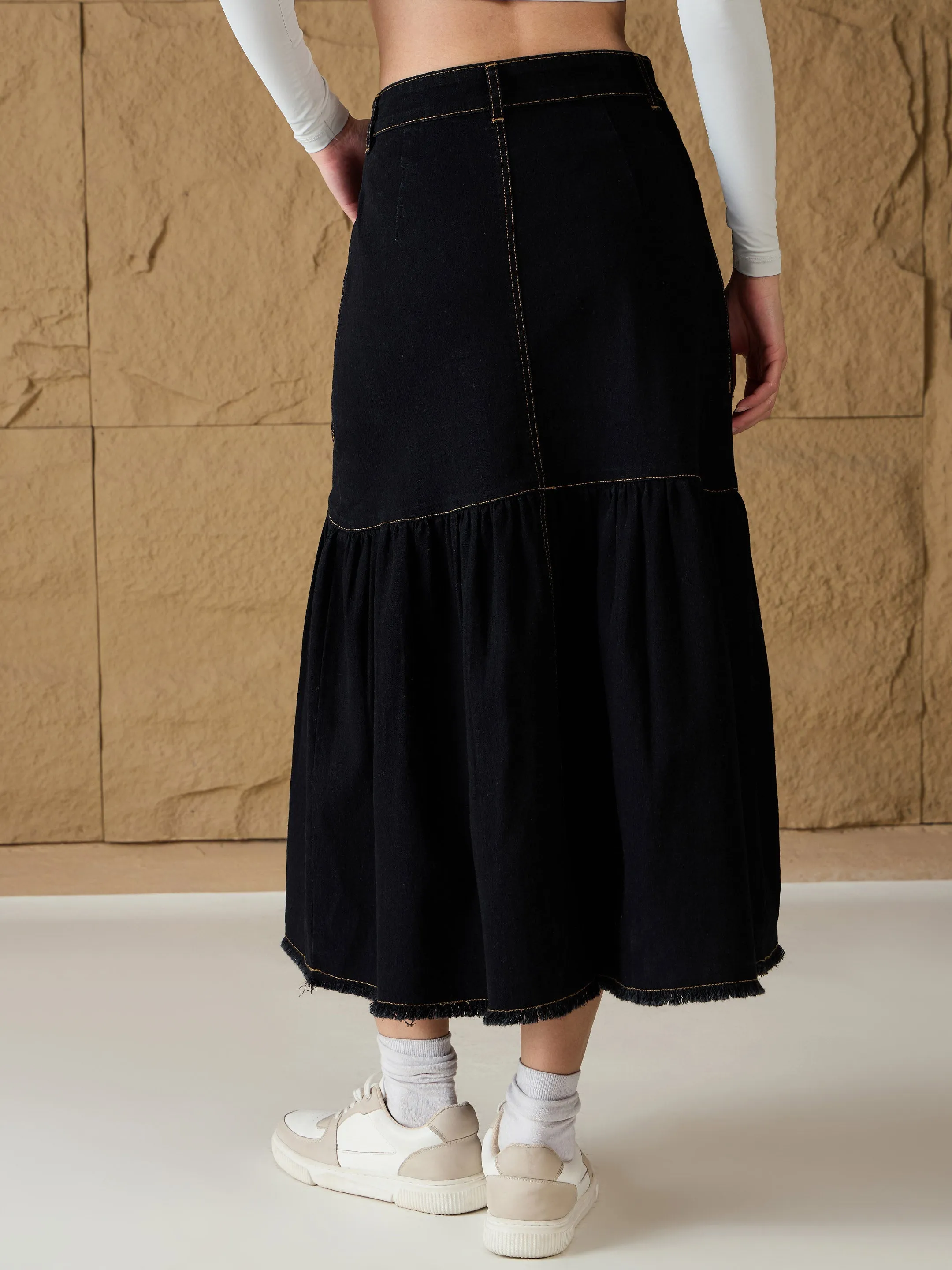 Women Black Denim Flared Midi Skirt