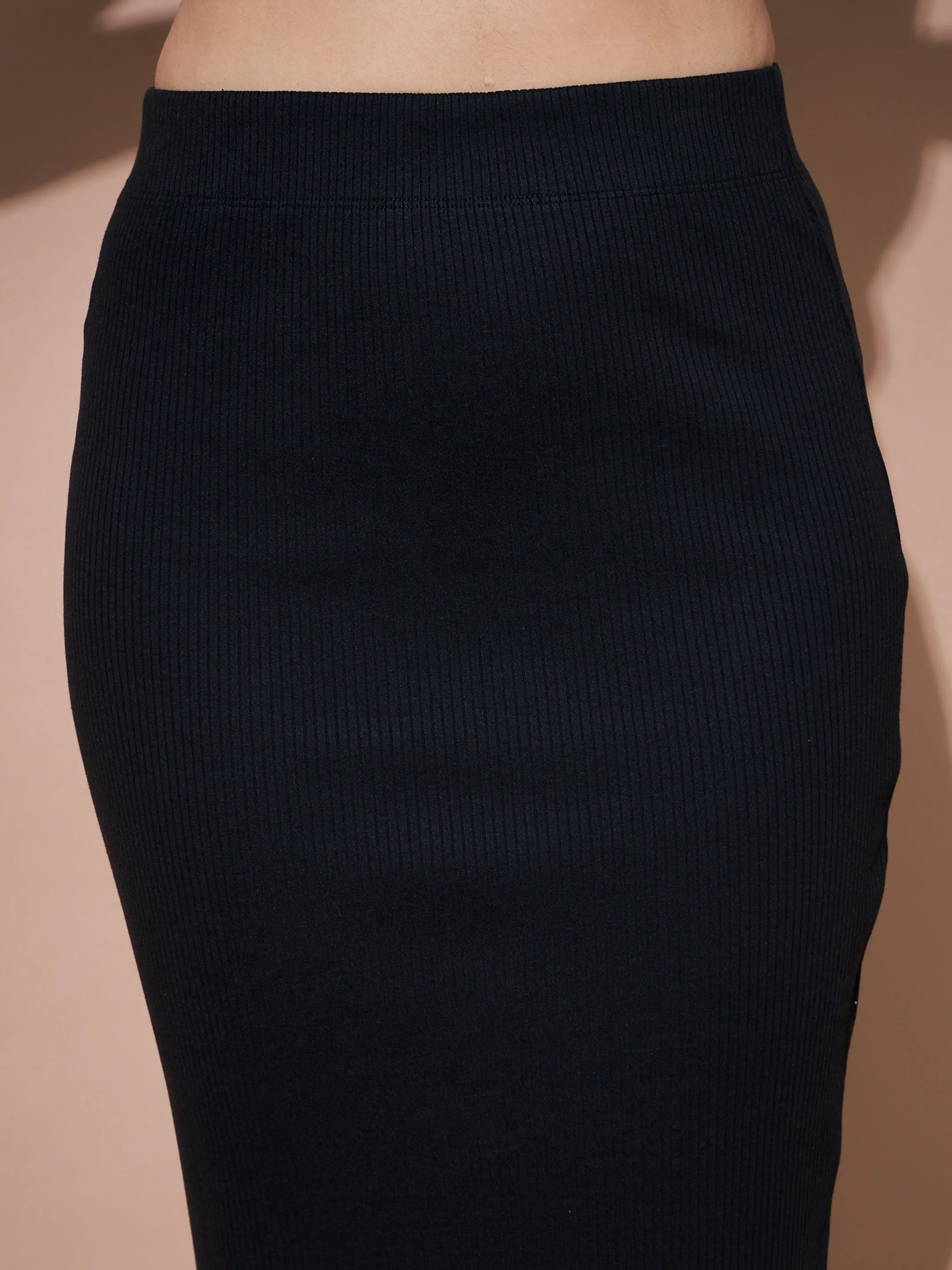 Women Black Rib Pencil Skirt