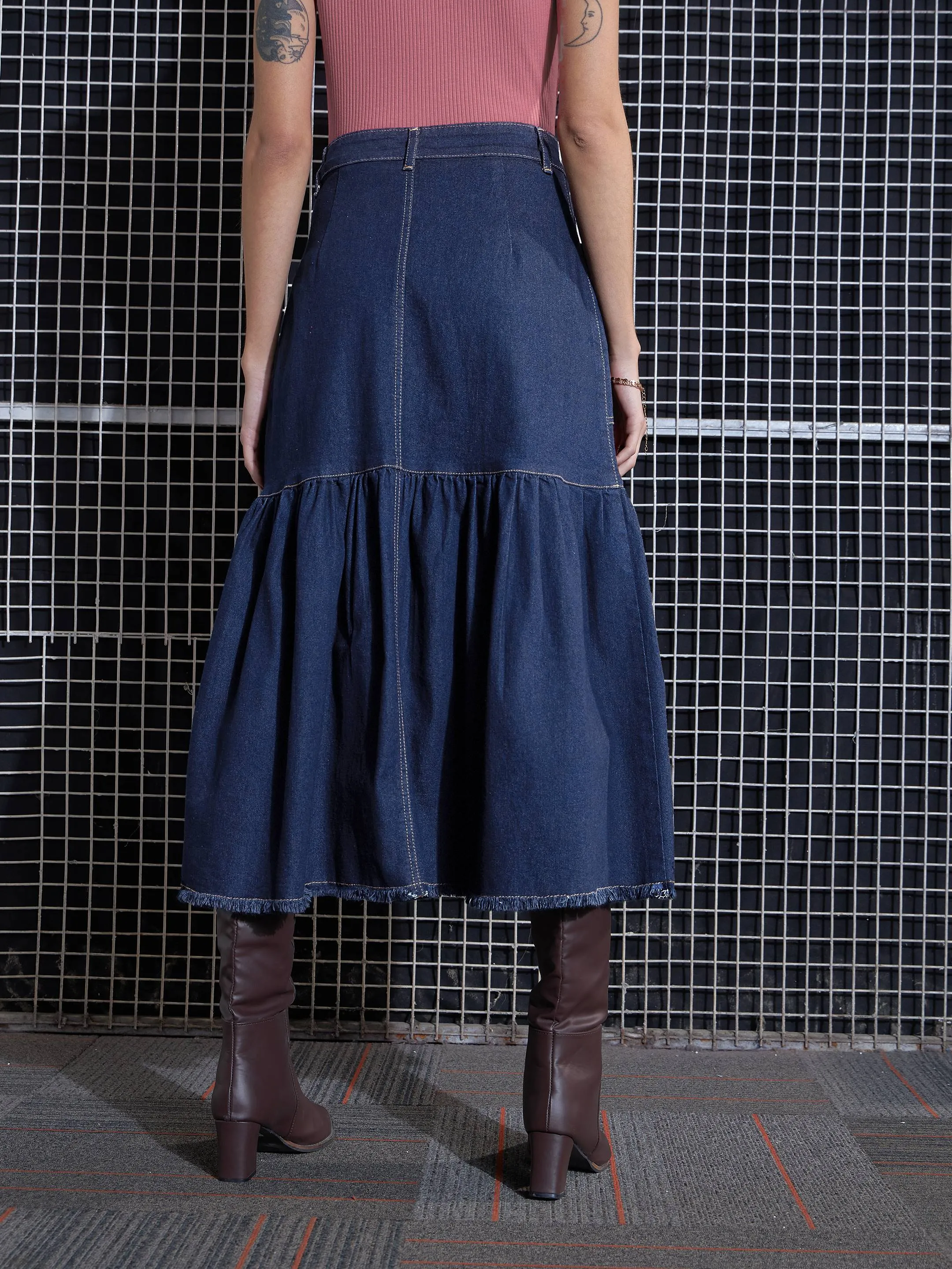 Women Blue Blast Denim Flared Midi Skirt