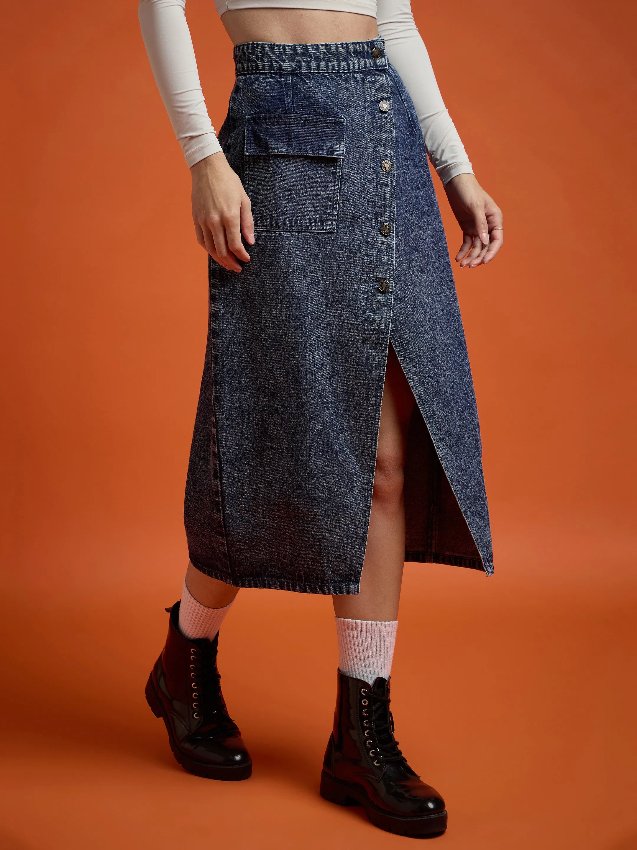 Women Blue Front Button Wrap Skirt