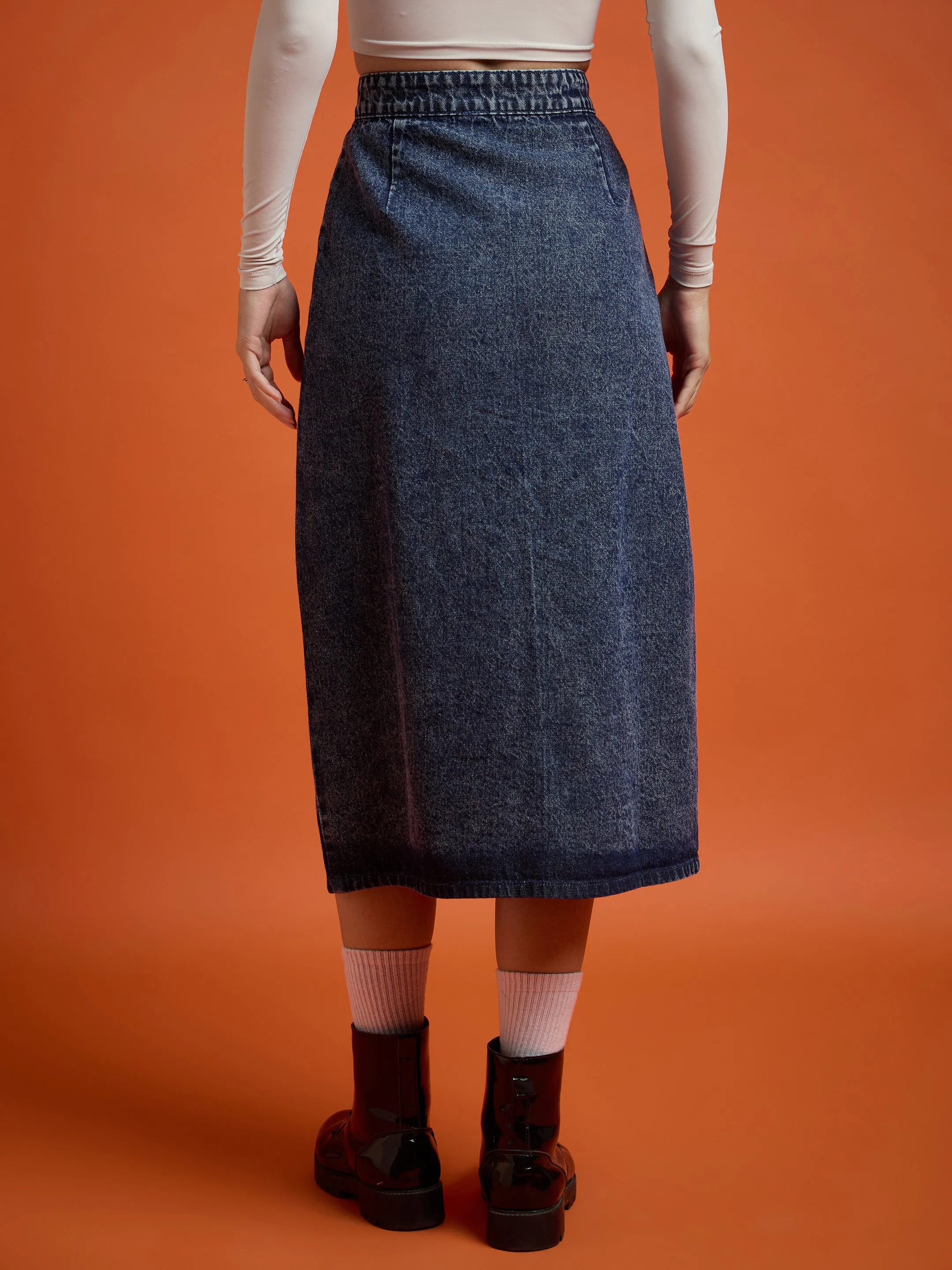 Women Blue Front Button Wrap Skirt