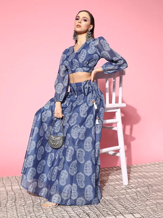 Women Blue Paisley Wrap Crop Top With Aanarkali Skirt