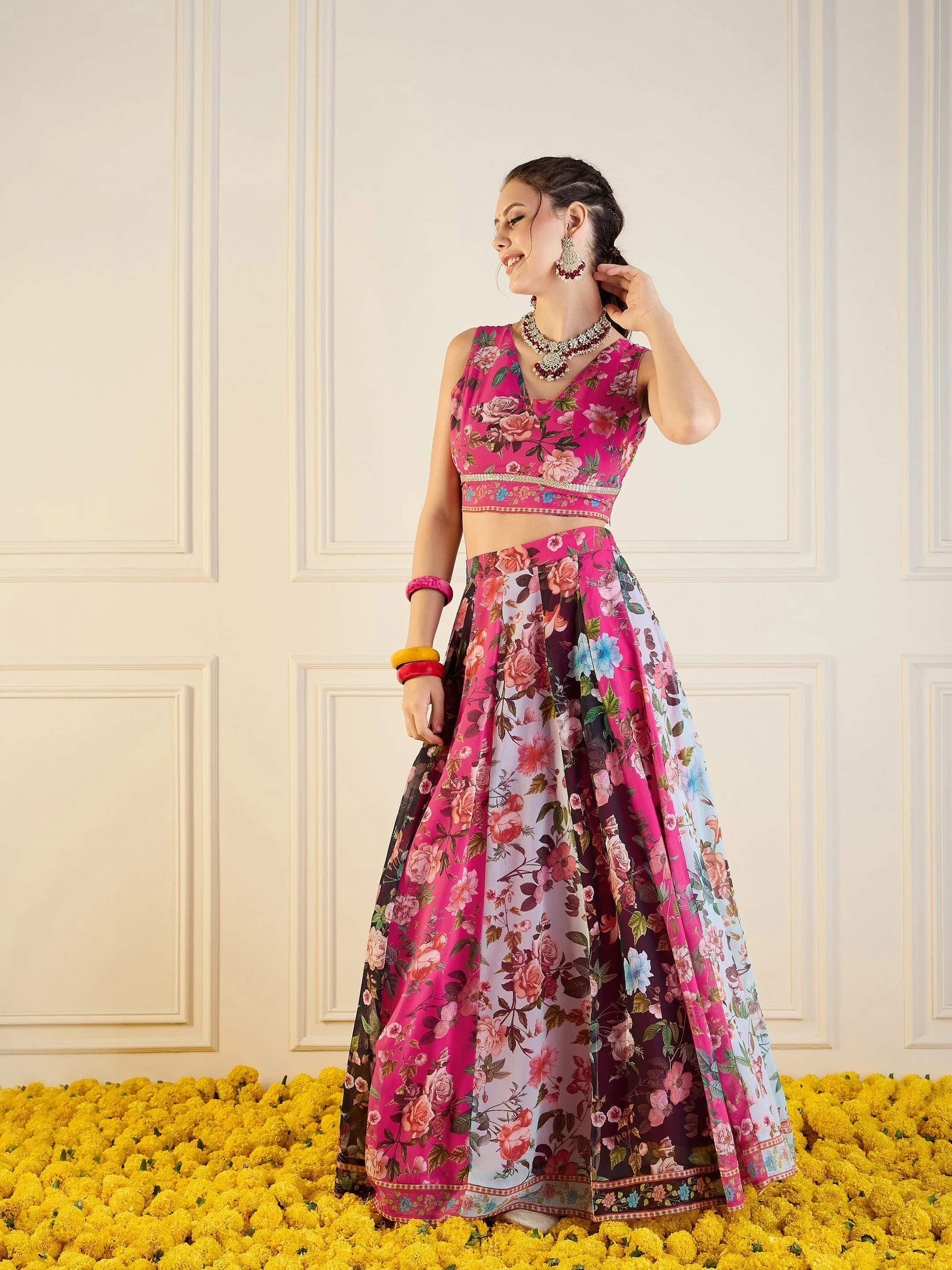 Women Fuchsia & Black Floral Anarkali Skirt With Crop Top