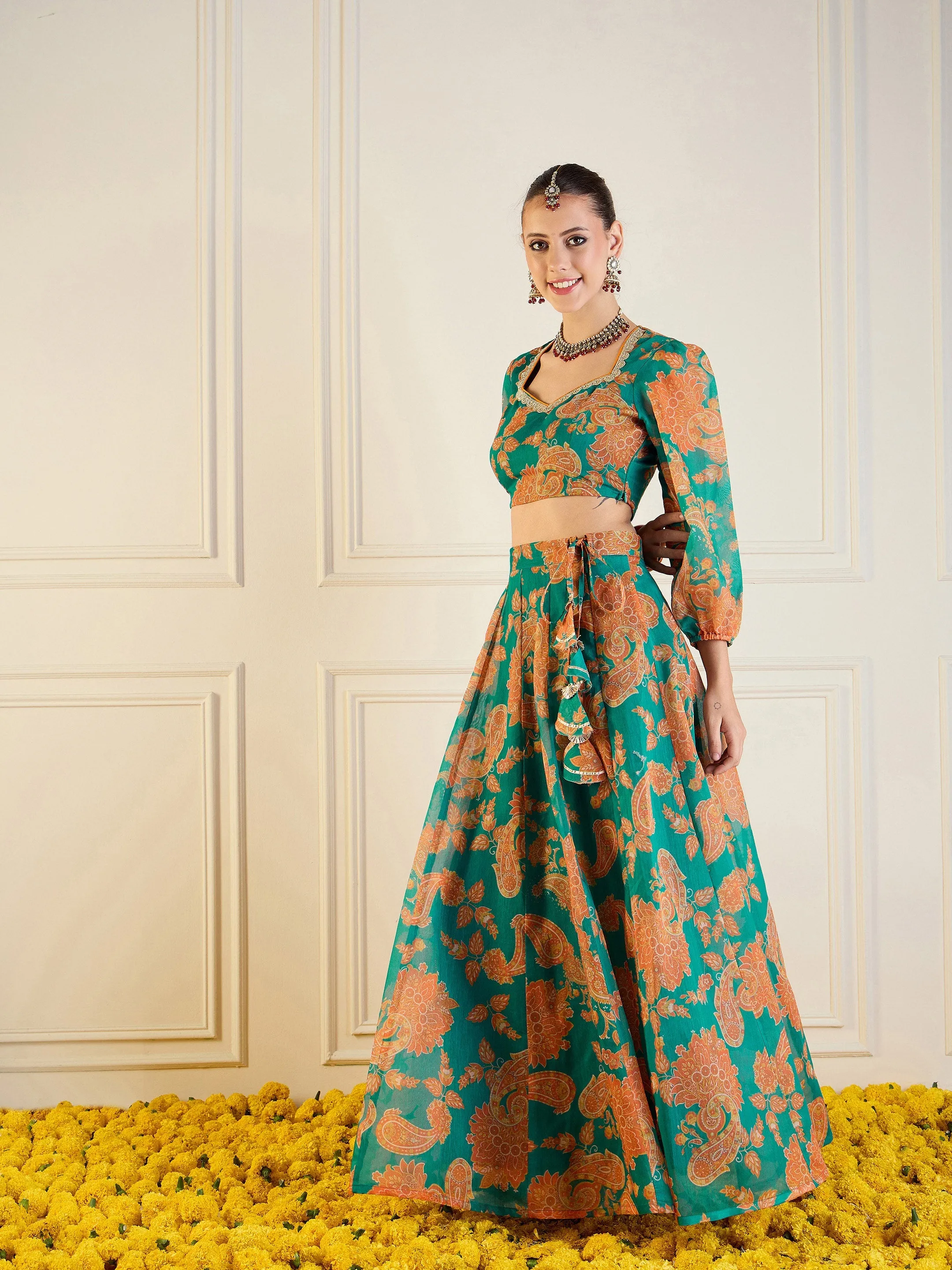 Women Green & Mustard Floral Anarkali Skirt With Crop Top