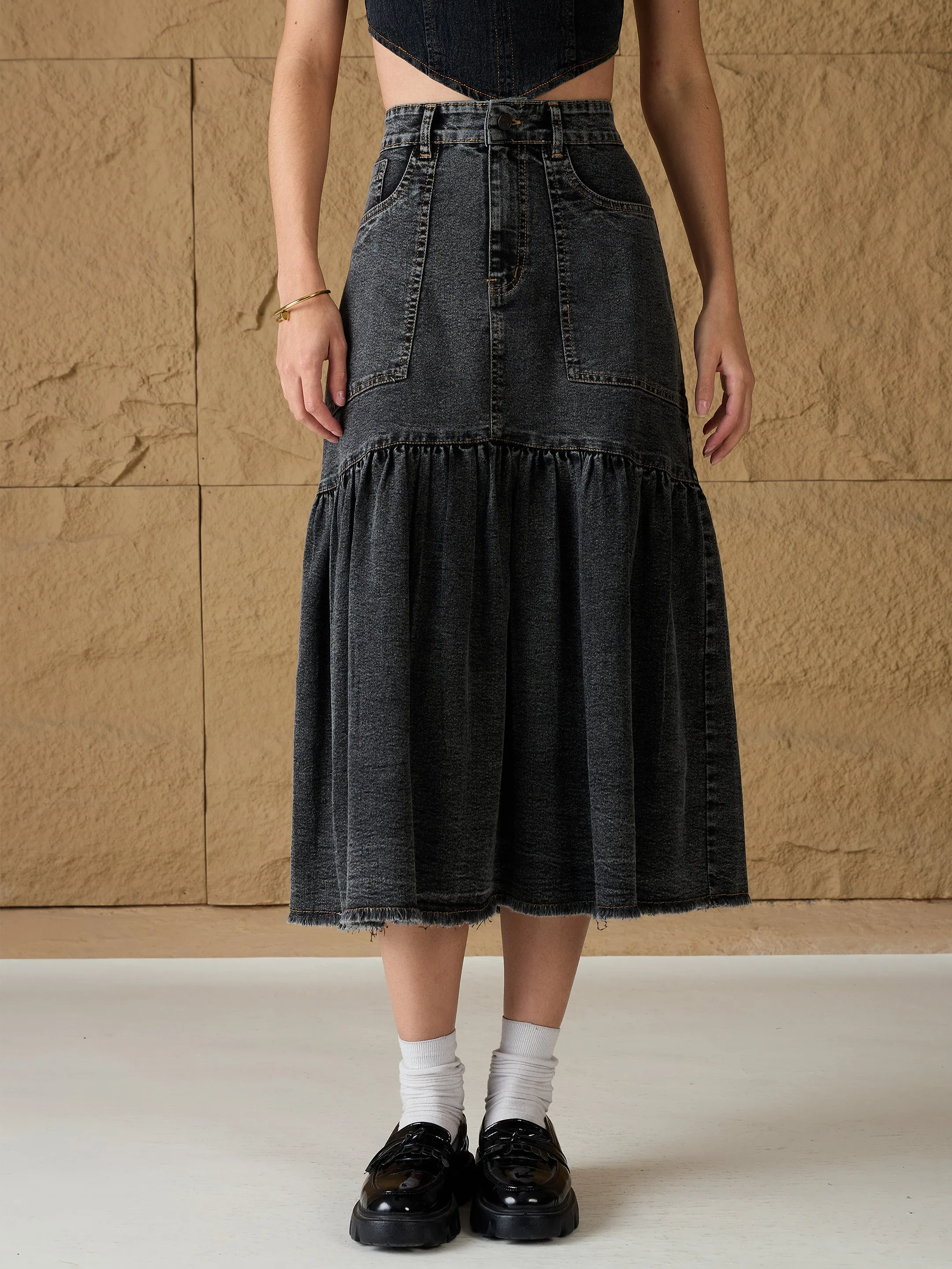 Women Grey Washed Denim Flared Midi Skirt