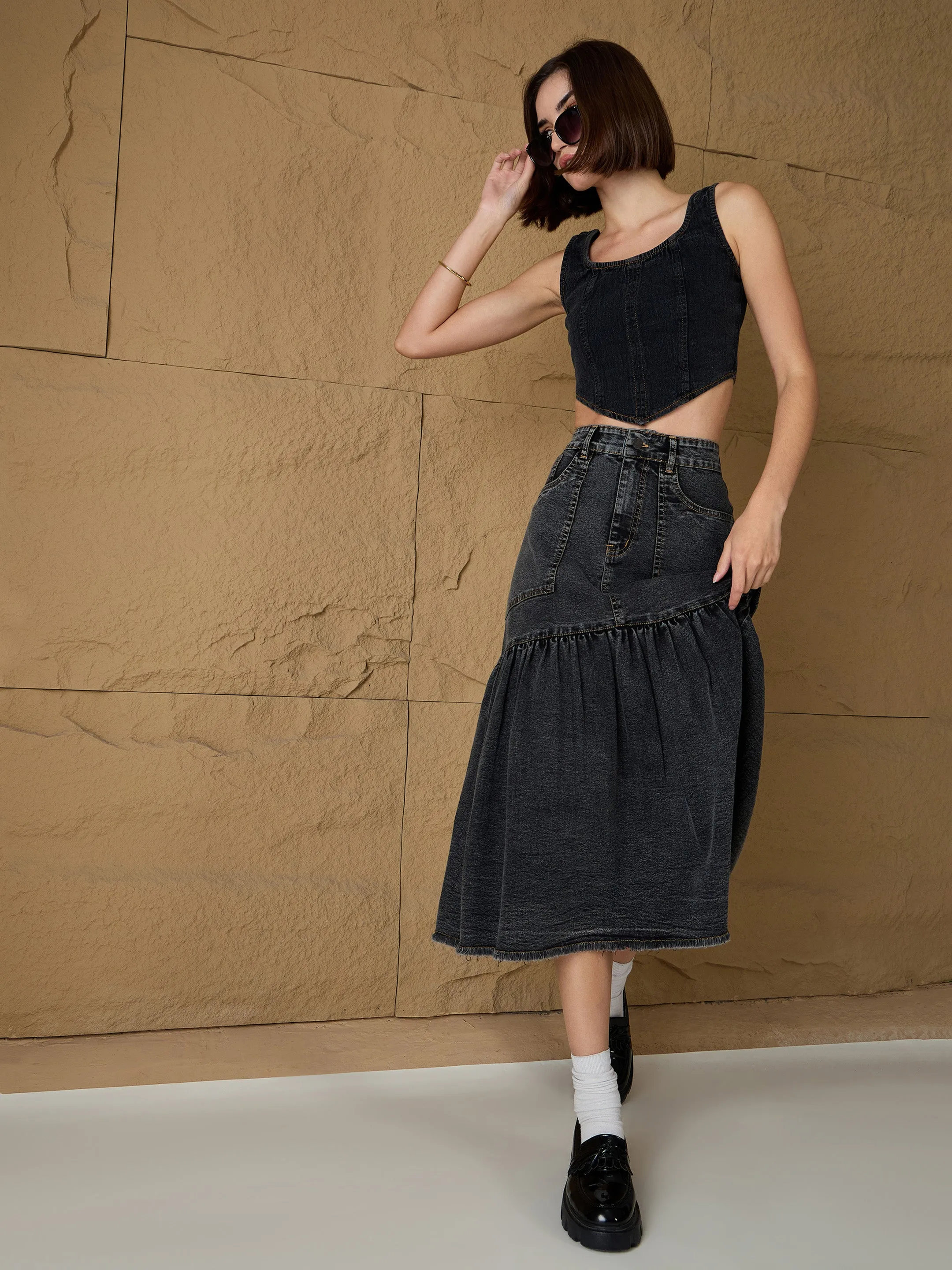 Women Grey Washed Denim Flared Midi Skirt