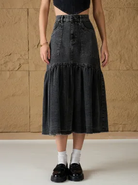 Women Grey Washed Denim Flared Midi Skirt