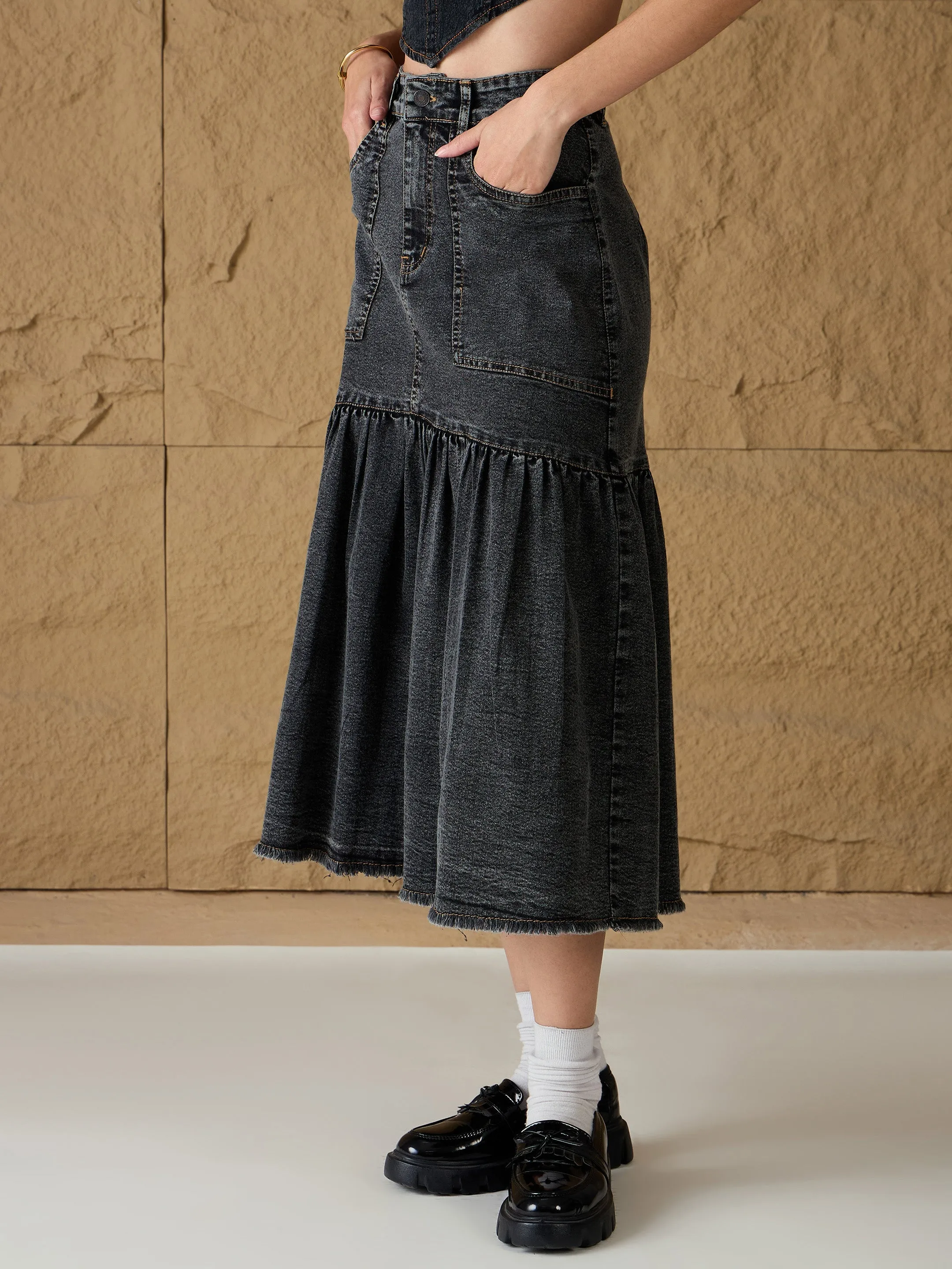 Women Grey Washed Denim Flared Midi Skirt