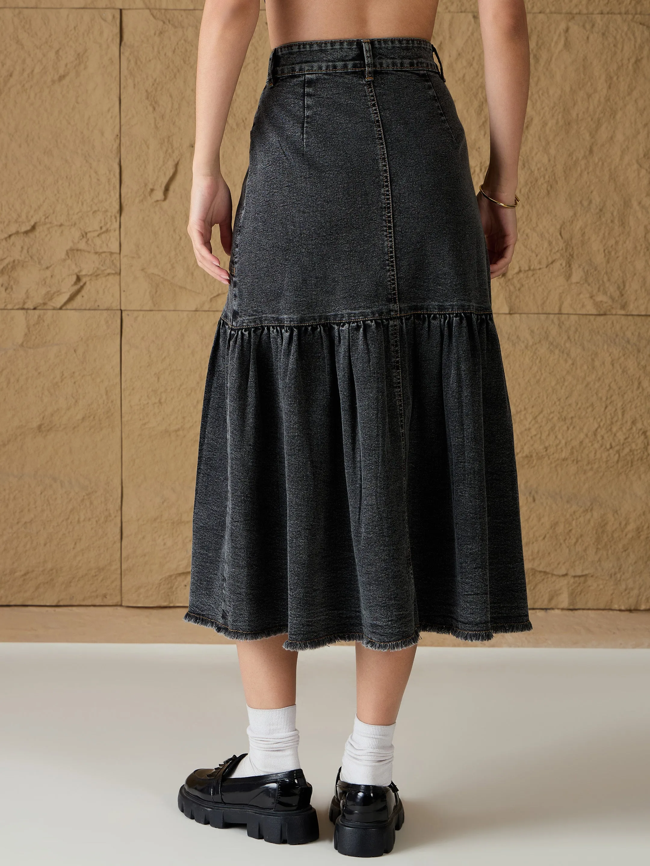 Women Grey Washed Denim Flared Midi Skirt