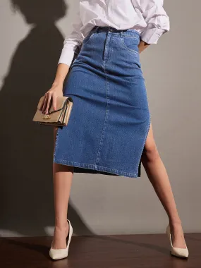 Women Ice Blue Denim Side Slit Midi Skirt