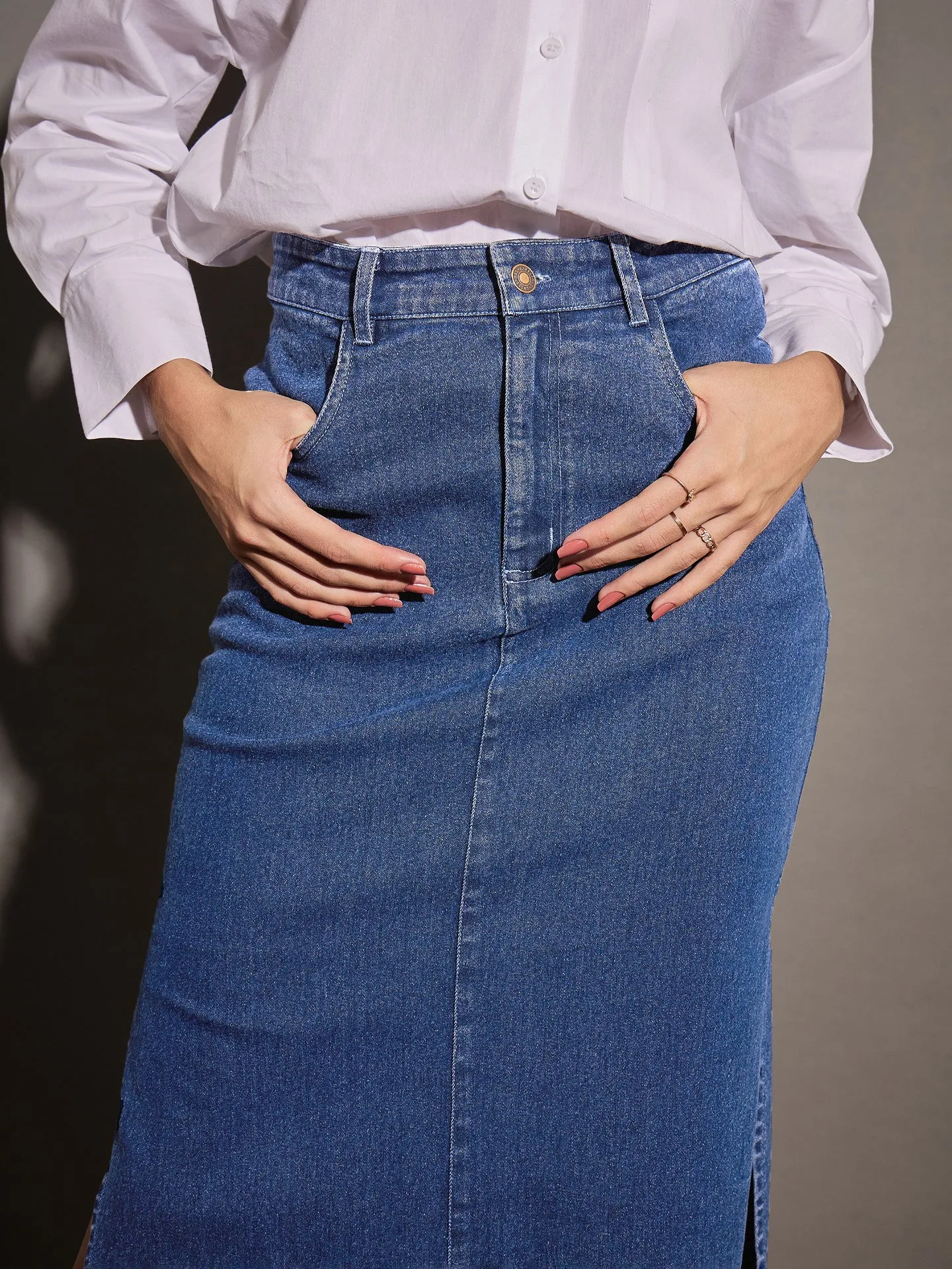 Women Ice Blue Denim Side Slit Midi Skirt