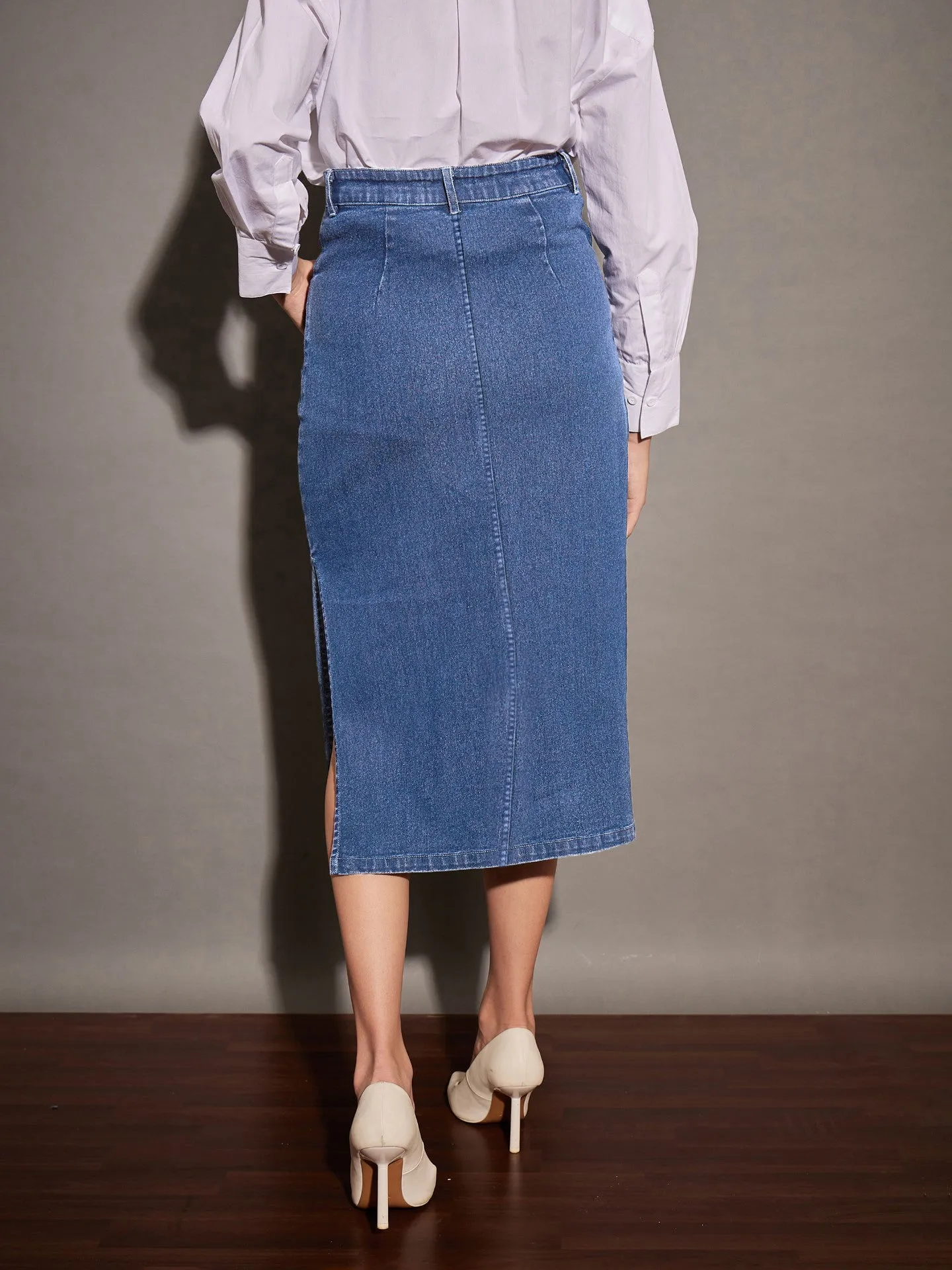 Women Ice Blue Denim Side Slit Midi Skirt