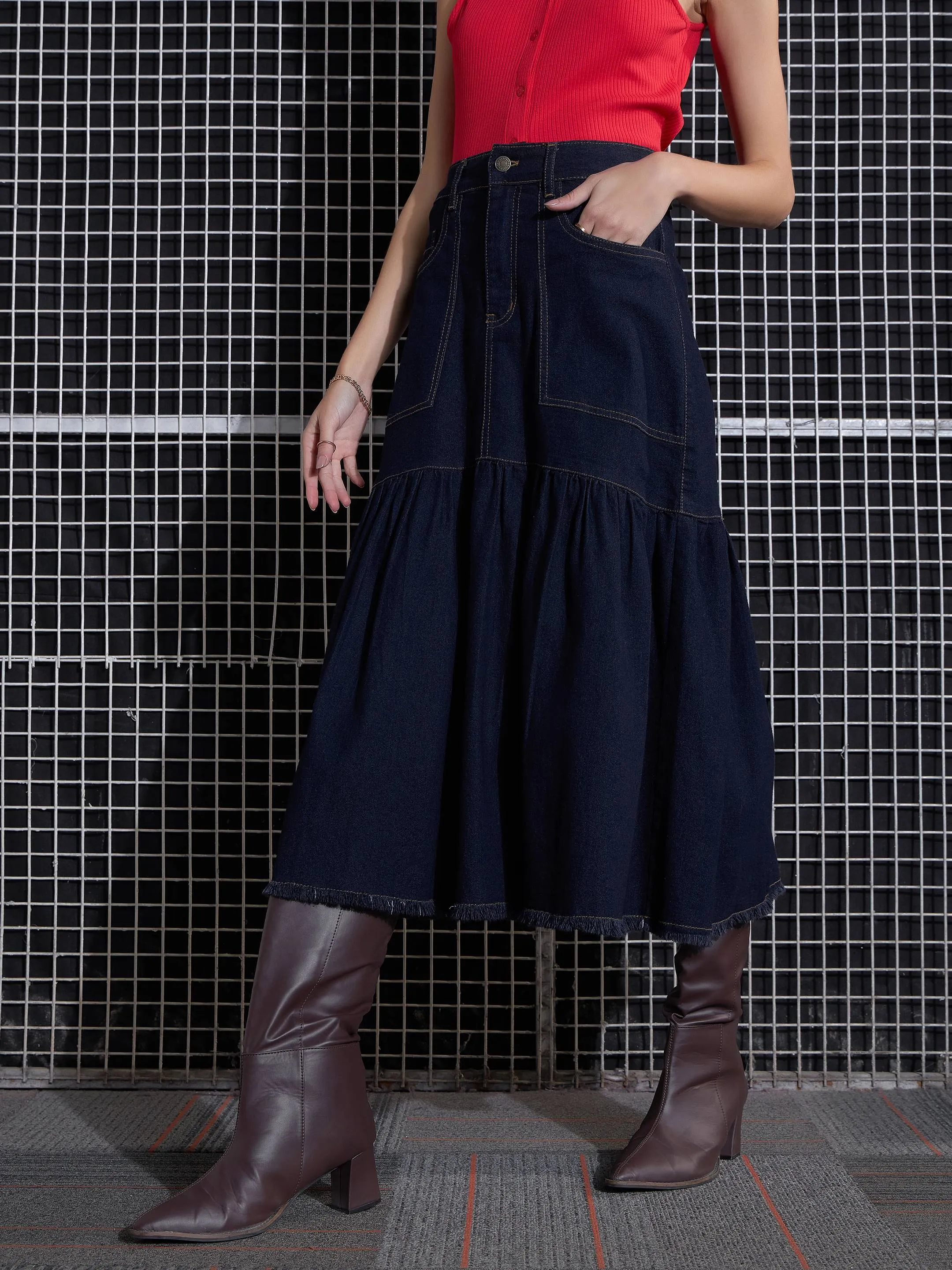 Women Navy Blast Denim Flared Midi Skirt