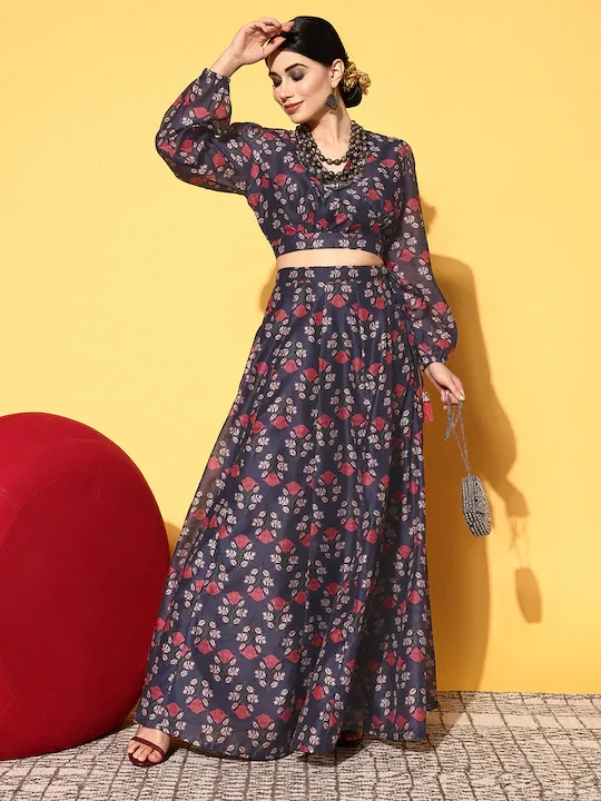 Women Navy Floral Wrap Crop Top With Aanrakali Skirt