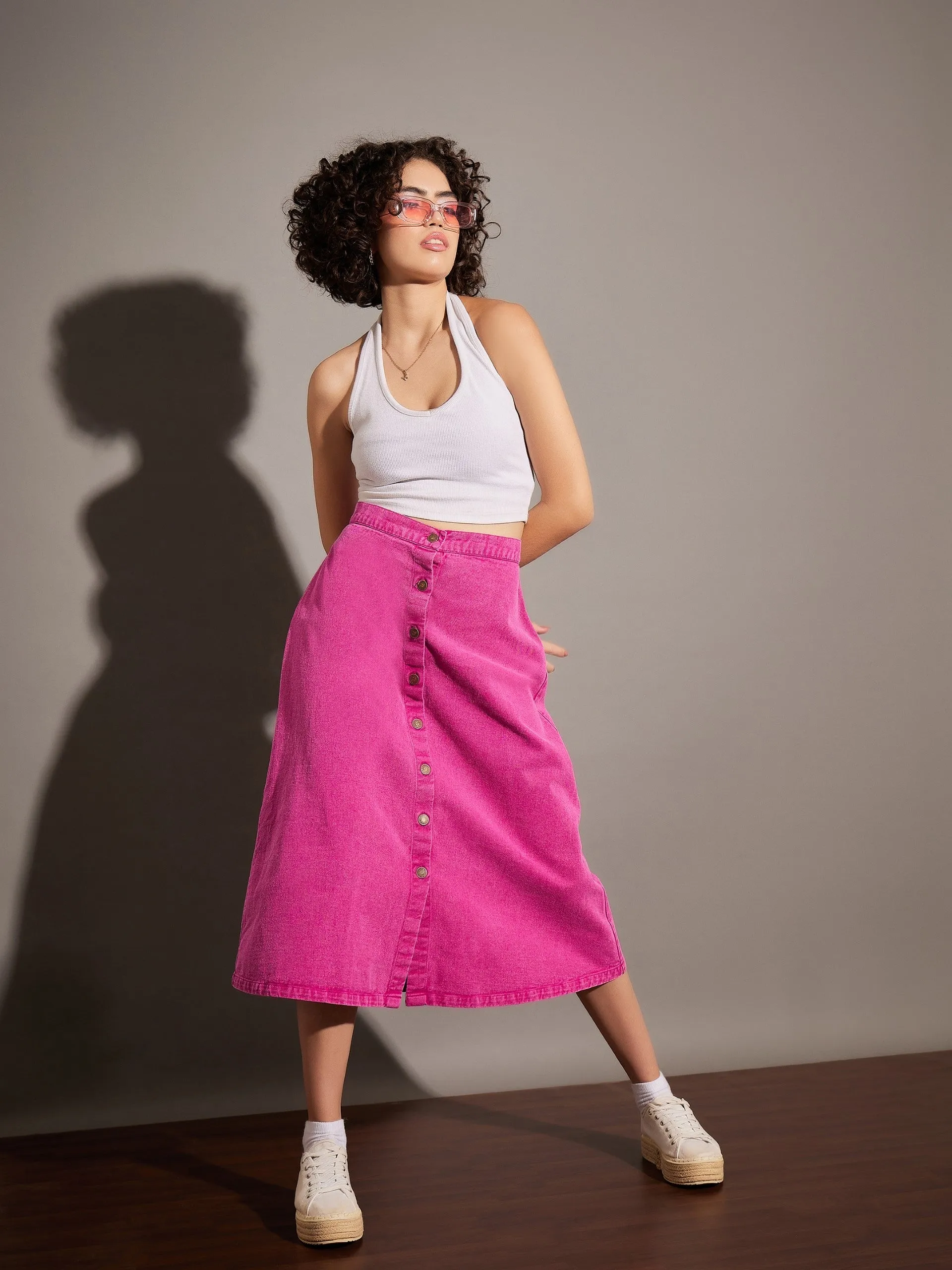 Women Pink Washed Denim A-Line Skirt