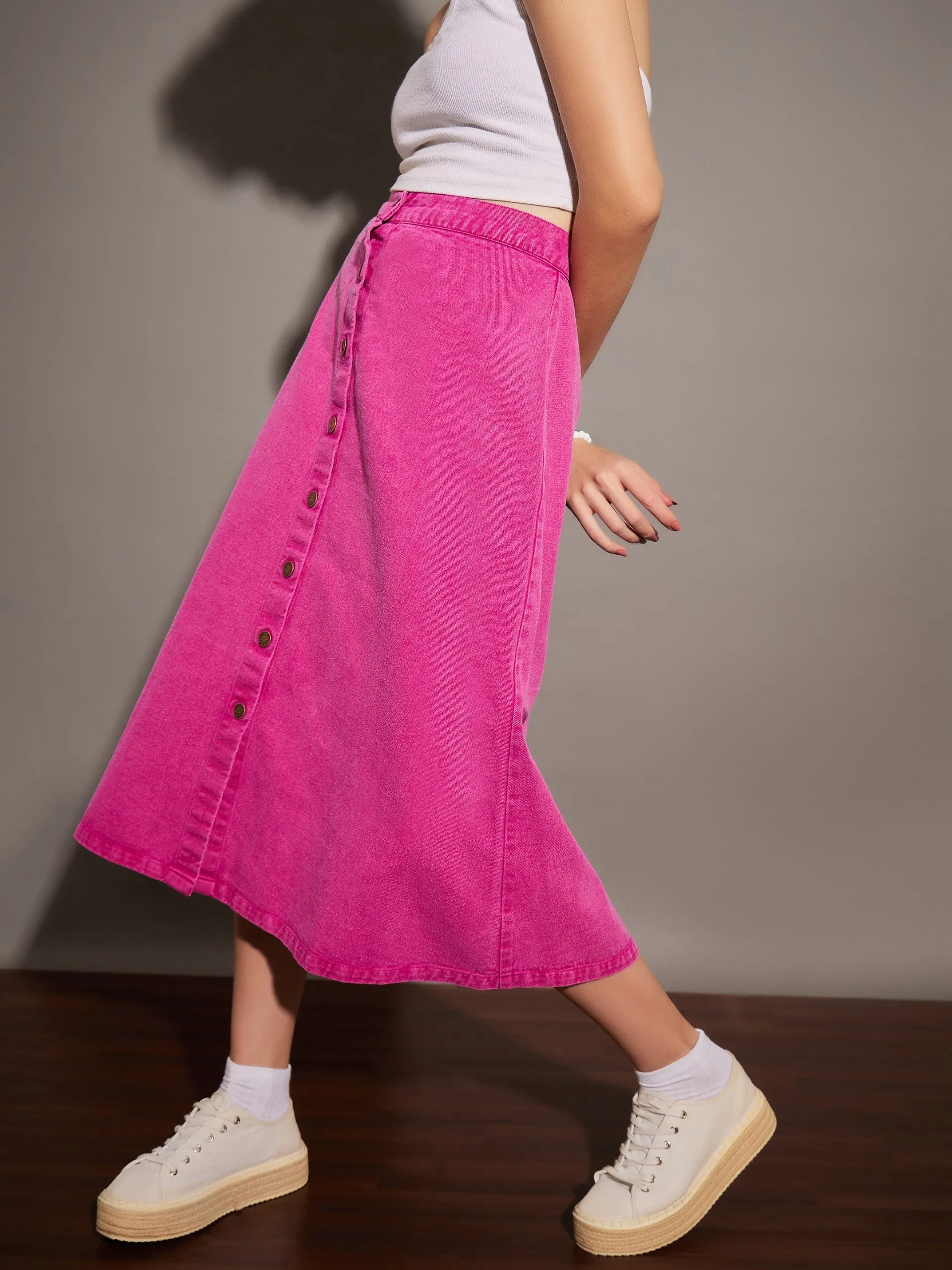 Women Pink Washed Denim A-Line Skirt