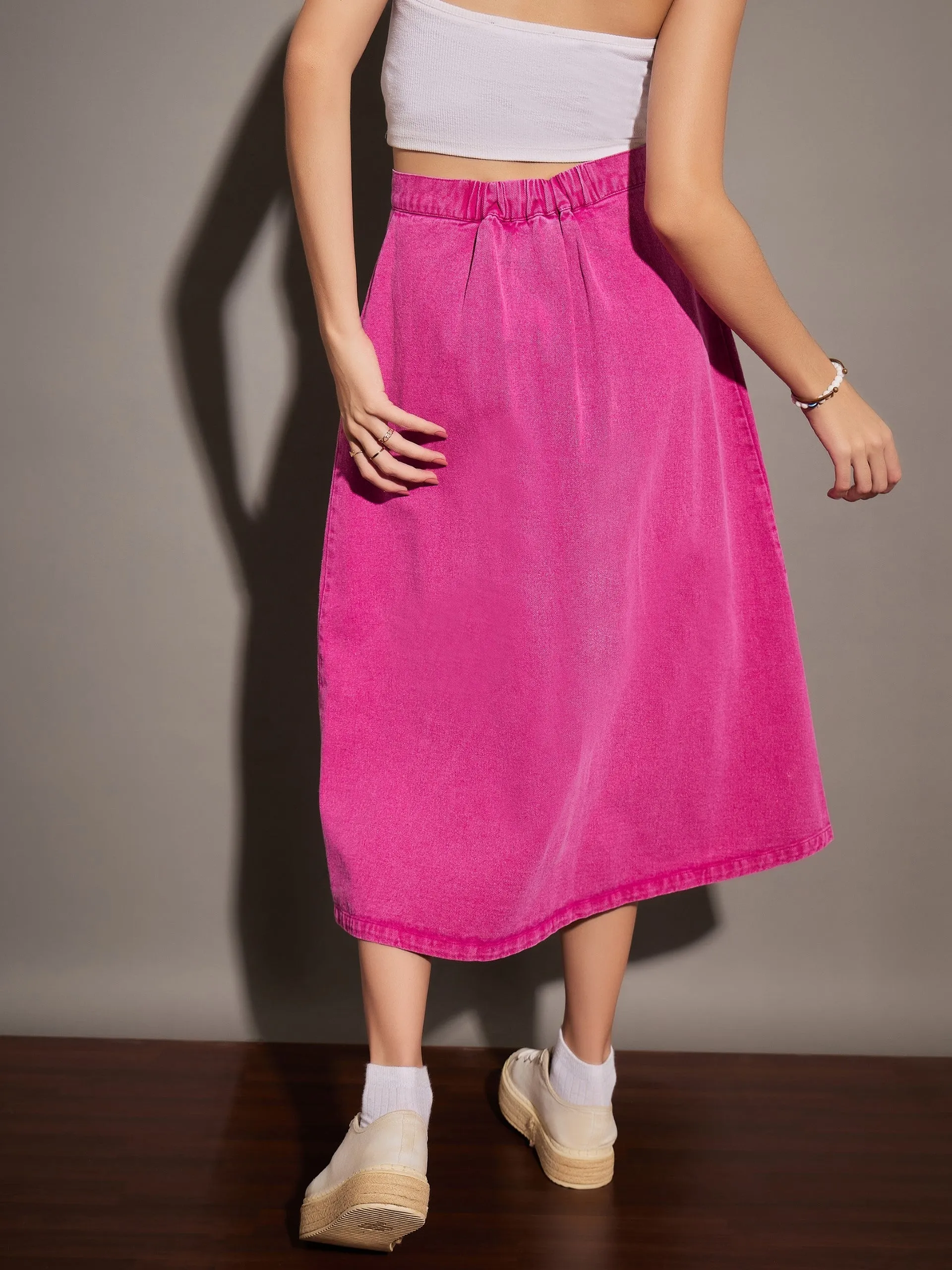 Women Pink Washed Denim A-Line Skirt