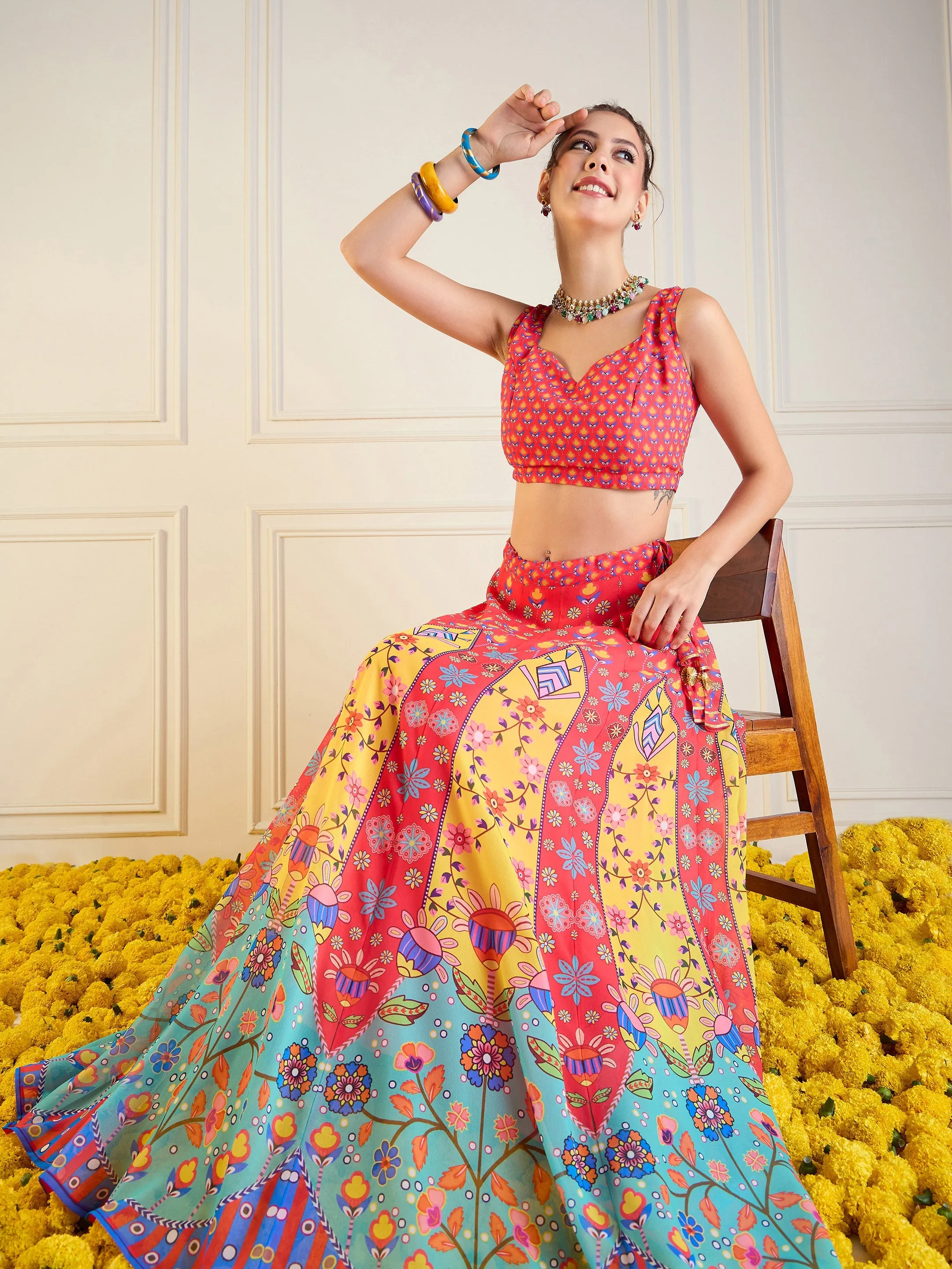 Women Red & Yellow Floral Anarkali Skirt With Dori Crop Top