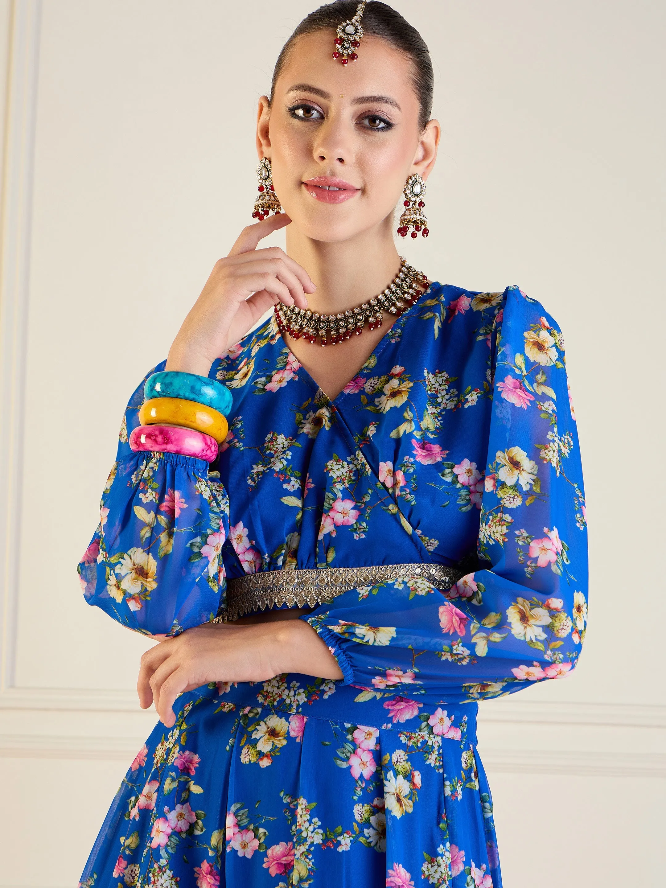 Women Royal Blue Floral Anarkali Skirt With Wrap Crop Top